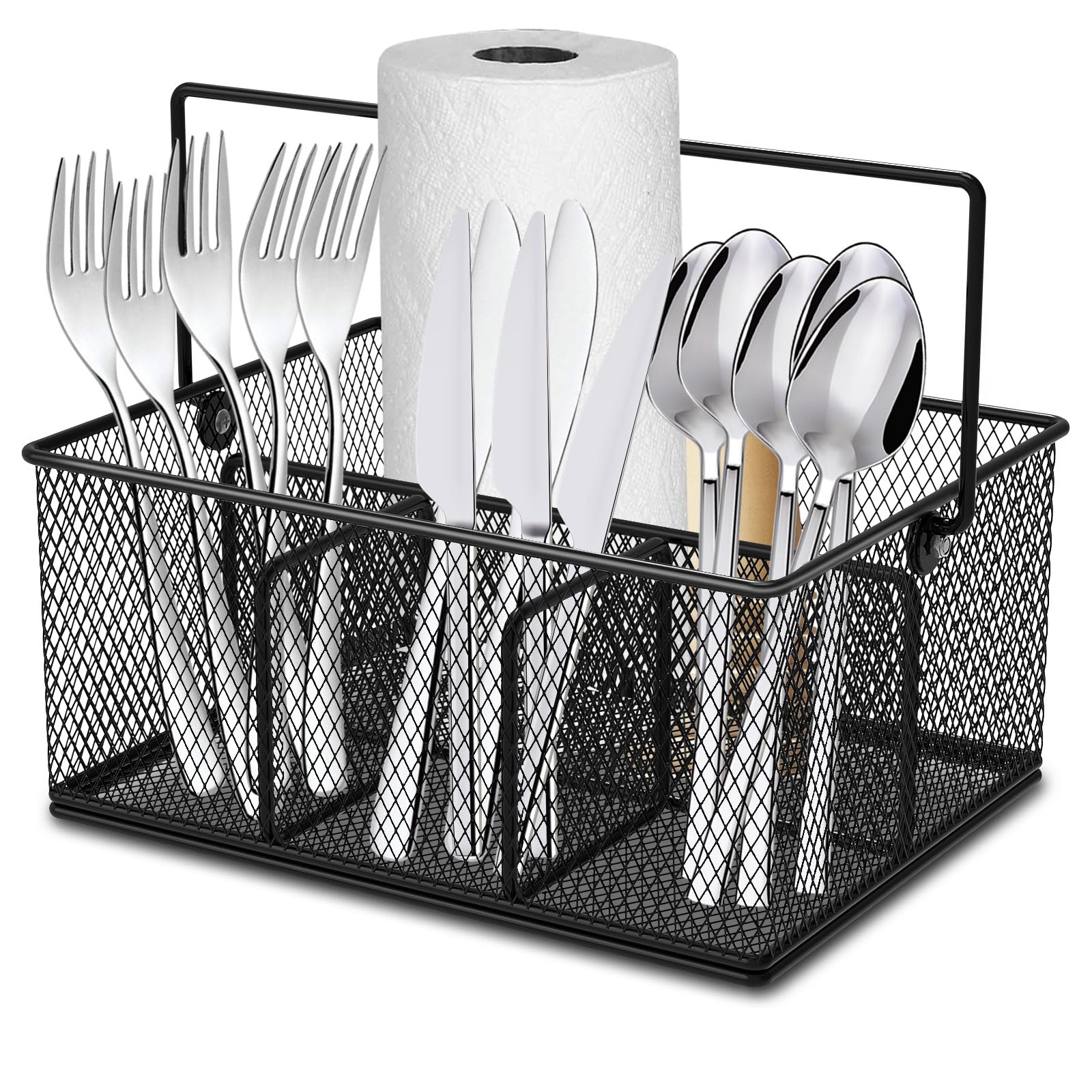 Yuekuntj Black Metal Mesh Utensil Basket With 4 Compartments And Handle Mesh Wire Metal Storage Basket Kitchen Utensil Holders Caddy Countertop Multifunctional Coffee Condiment Organizer For Camping