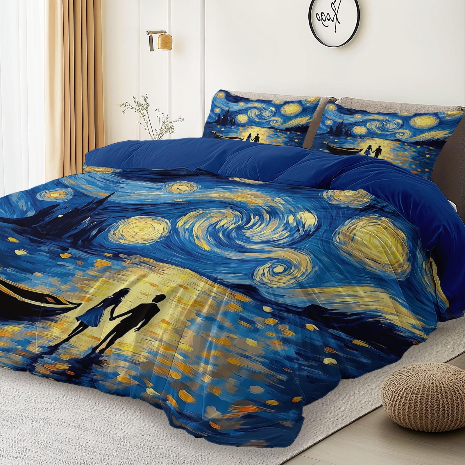 Sen Styl Gwiaździsta noc Van Gogha Para Kołdra z nadrukiem, 220 x 240 cm Pościel, Niebieski Zestaw poszewek na kołdrę z miękkiej mikrofibry, można prać w pralce, dla dorosłych i dzieci