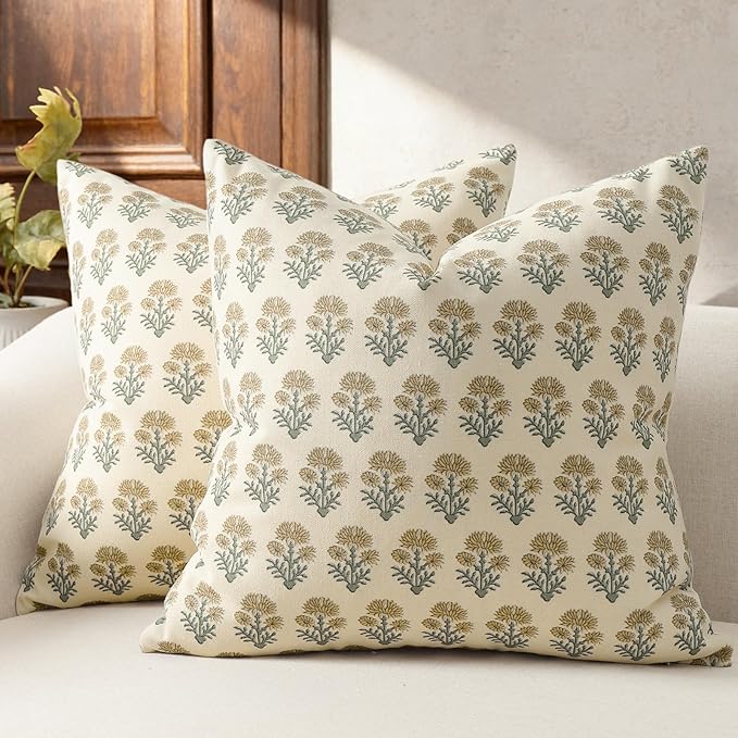 Farmhouse Floral Pillow Covers 18x18 Set of 2, Country Botanical Throw Pillow Cover for Sofa Couch Bed Living Room, Rustic Vintage Flower Cushion Covers Cottage Home Decor,Olive Yellow