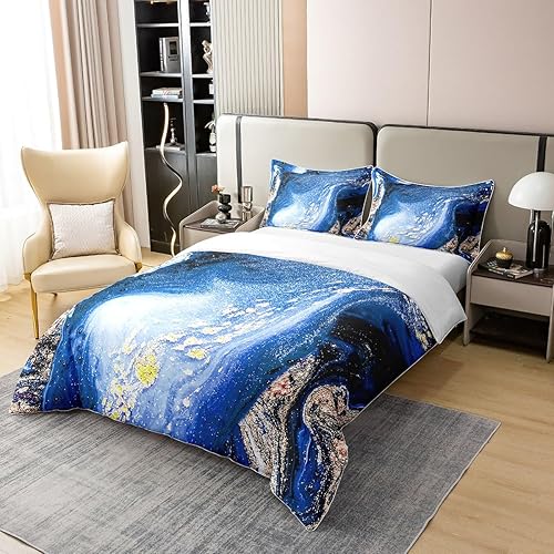 Miniatura 2 de Erosebridal Juego de funda de edredón estética azul marino 100% algodón para hombres y mujeres, juego de ropa de cama azul marmoleado azul, funda de