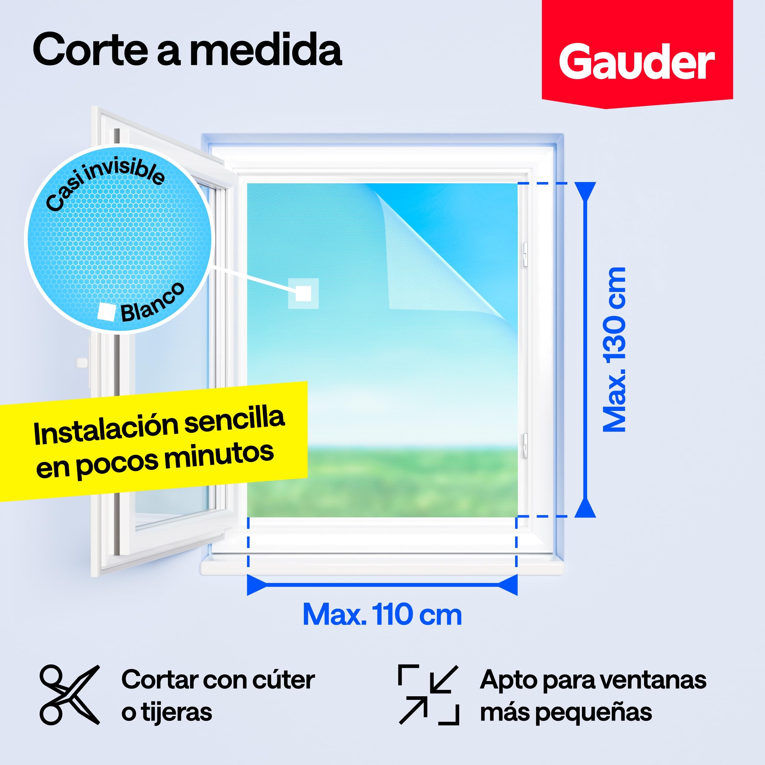 GAUDER Mosquitera para Ventana - Red Anti-Insectos con Cierre de Gancho y Bucle - Protección Adhesiva contra Mosquitos - Malla Autoadhesiva (110 x 130 cm - Bianca) — view 2
