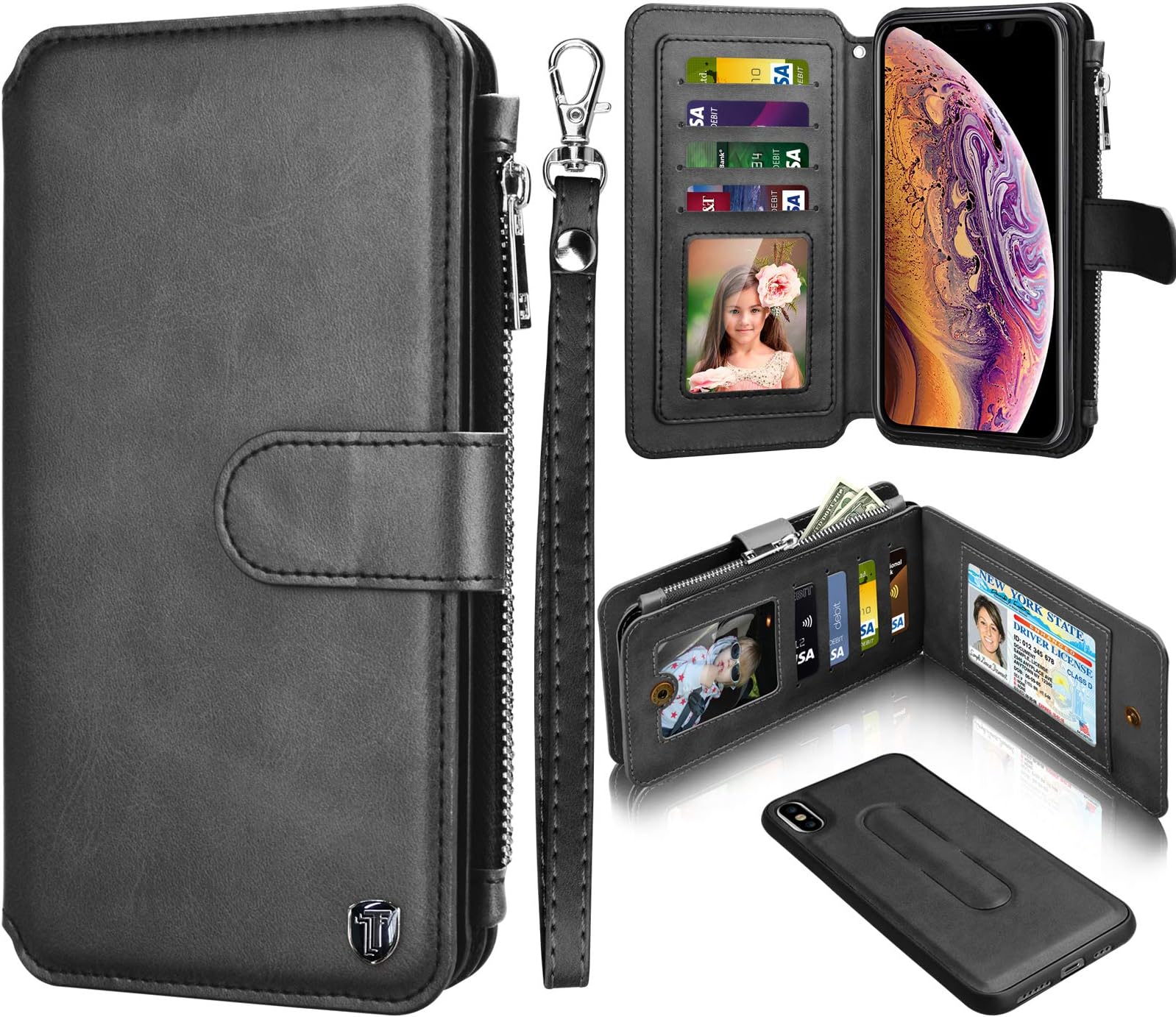 Njjex Wallet Case for iPhone X XS, for iPhone Xs Case, PU Leather ID Credit Card Slots Holder Zipper Money Pocket Purse Magnetic Detachable Folio Flip Phone Cover for iPhone Xs 5.8" Inch 2018 [Black]