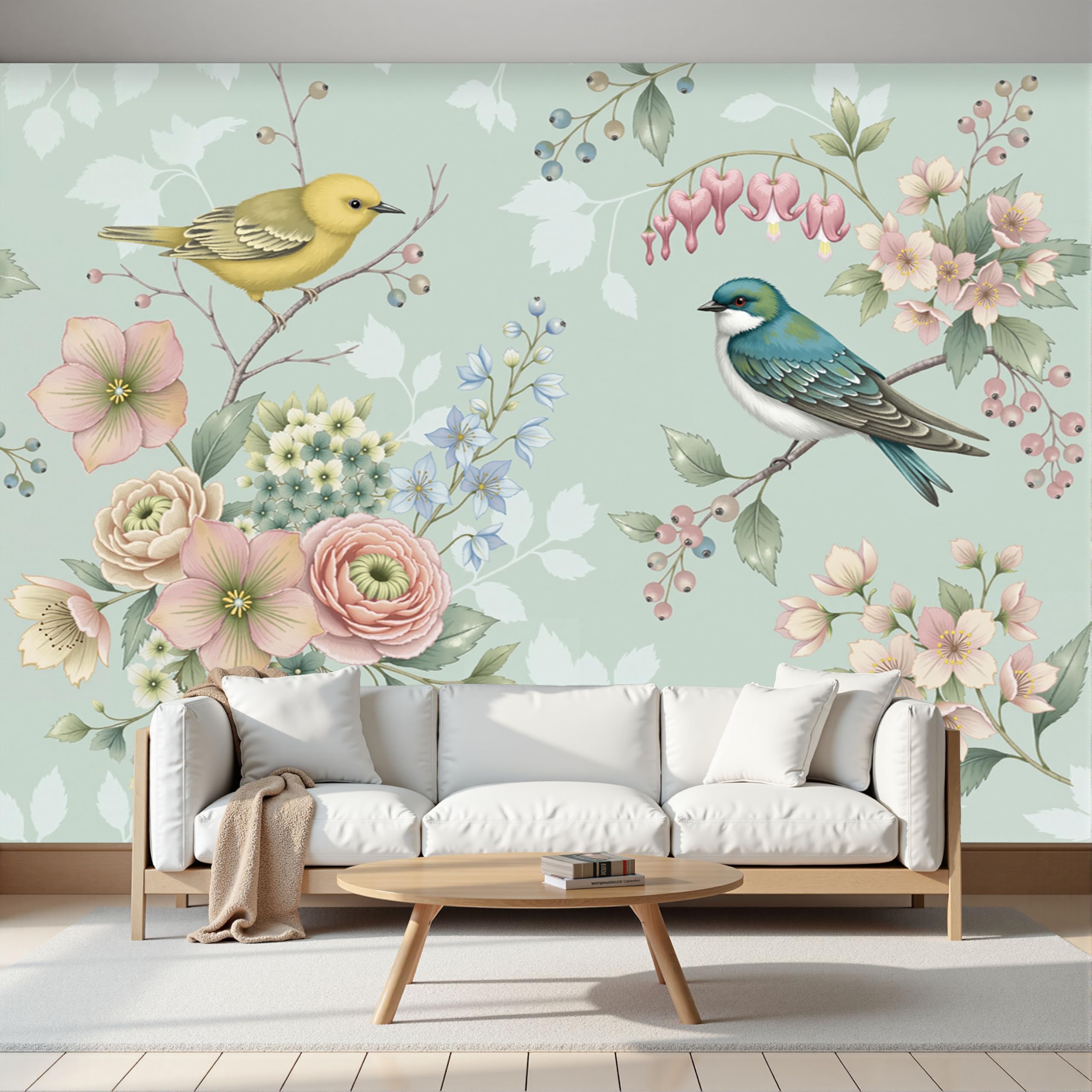 Papier Peint 3D Panoramique Oiseaux Fleurs pour Agrandir Salon et Habiller Mur Terne