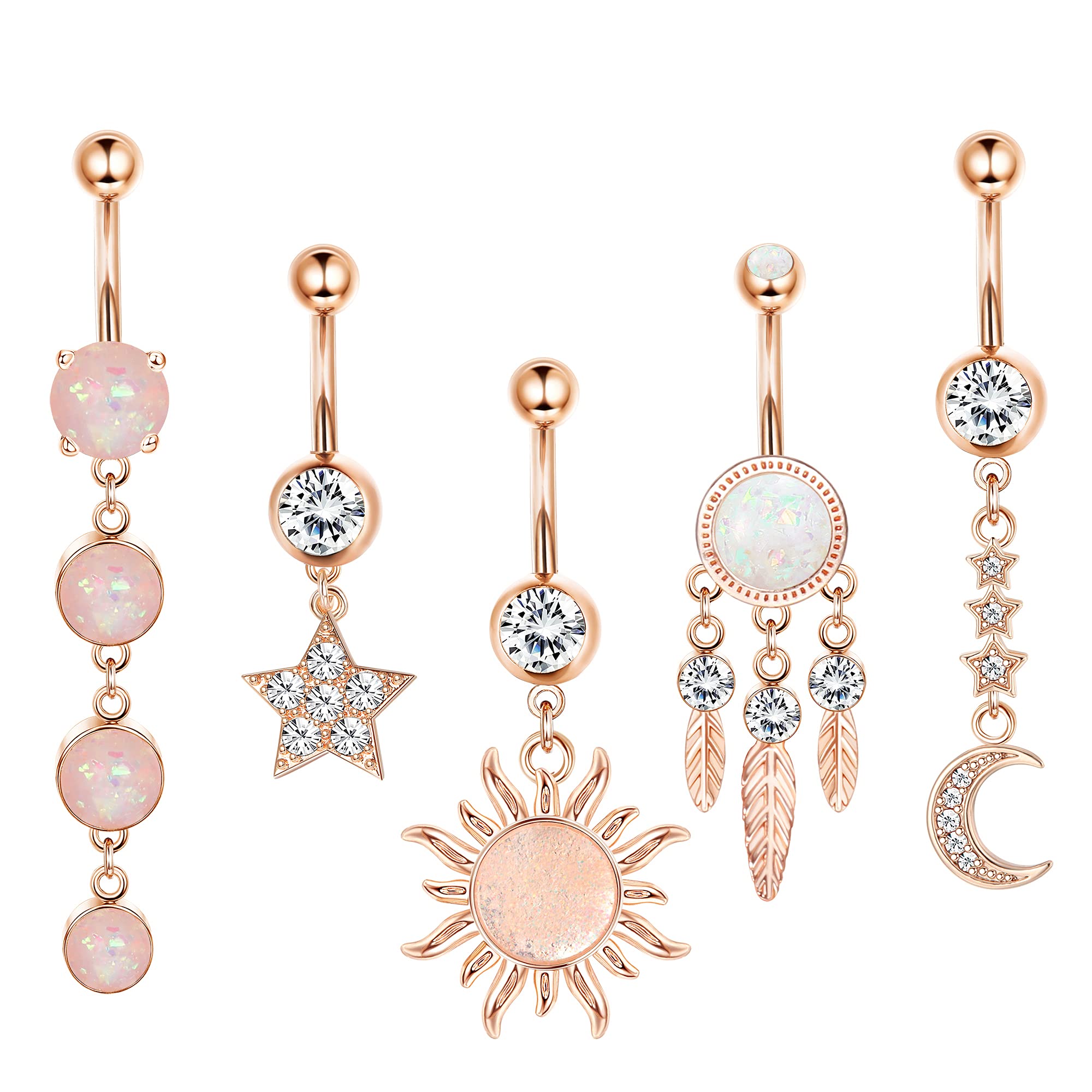 Kakonia 14G Anillos para el ombligo Cuelgan con ópalo Pluma Sol Luna Estrella para mujeres Anillos para el ombligo Anillos para el ombligo Acero quirúrgico 316L Piercing Joyería para el ombligo