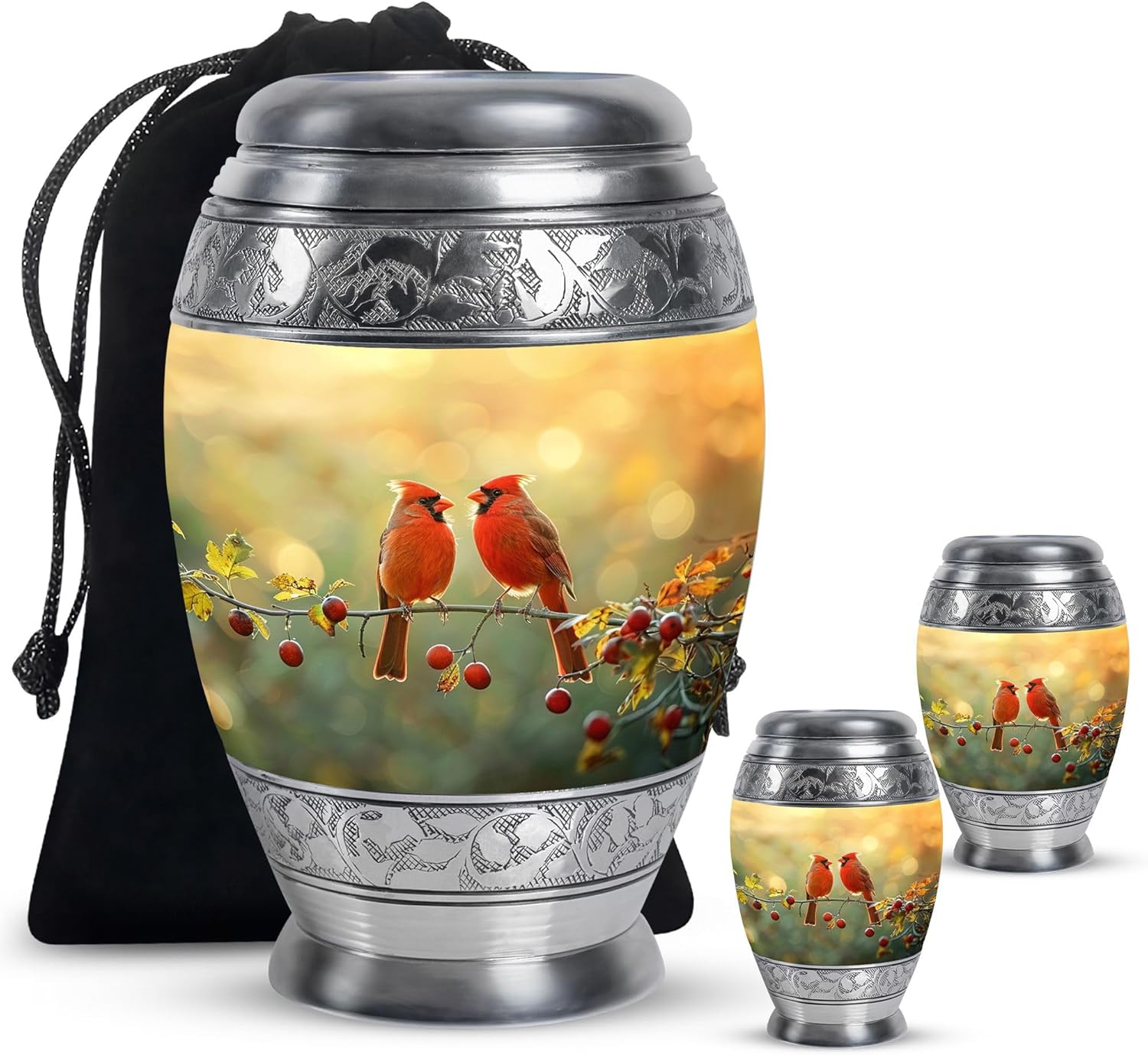 Cardinal Bird Urn - Pack of 3 (10 Inch & 3 Inch Urns), Yellow Cat & Human Ashes Urn