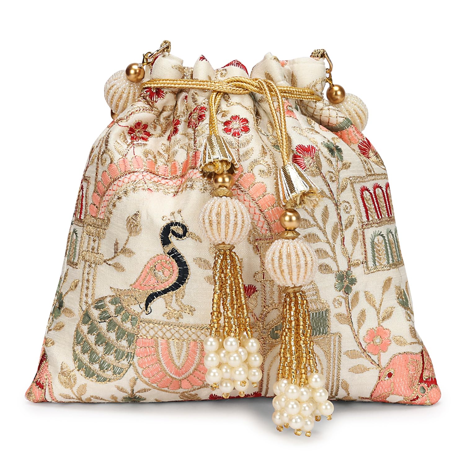 Women Luxury Floral Embroidered Potli Bag with Pearl Beading, Gold Tassels-image-37
