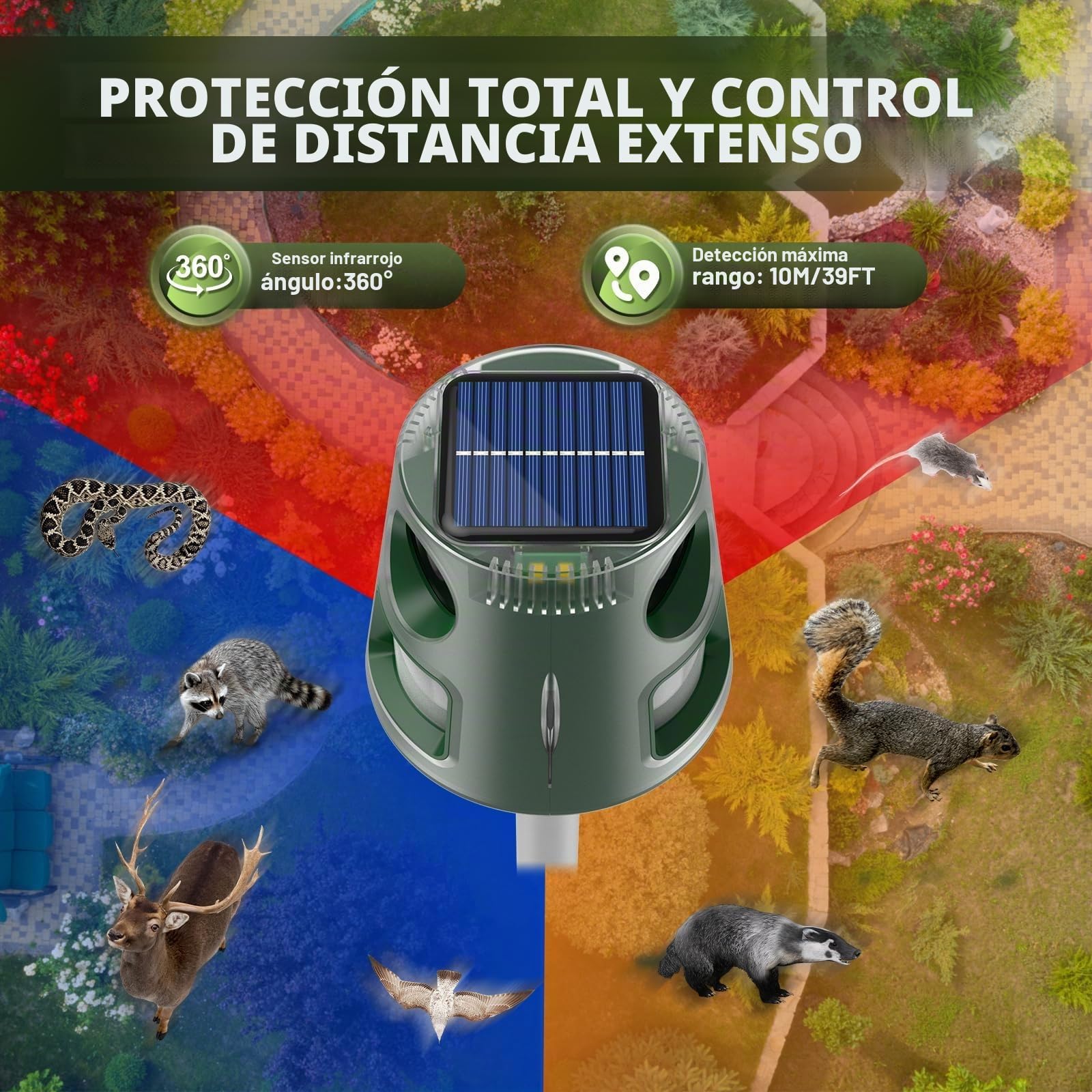 Ahuyentador de gatos ultrasónico solar, para jardín, impermeable, 5 modos, ajustable, carga solar, 360°, eficaz para gatos, perros, pájaros, ratones
