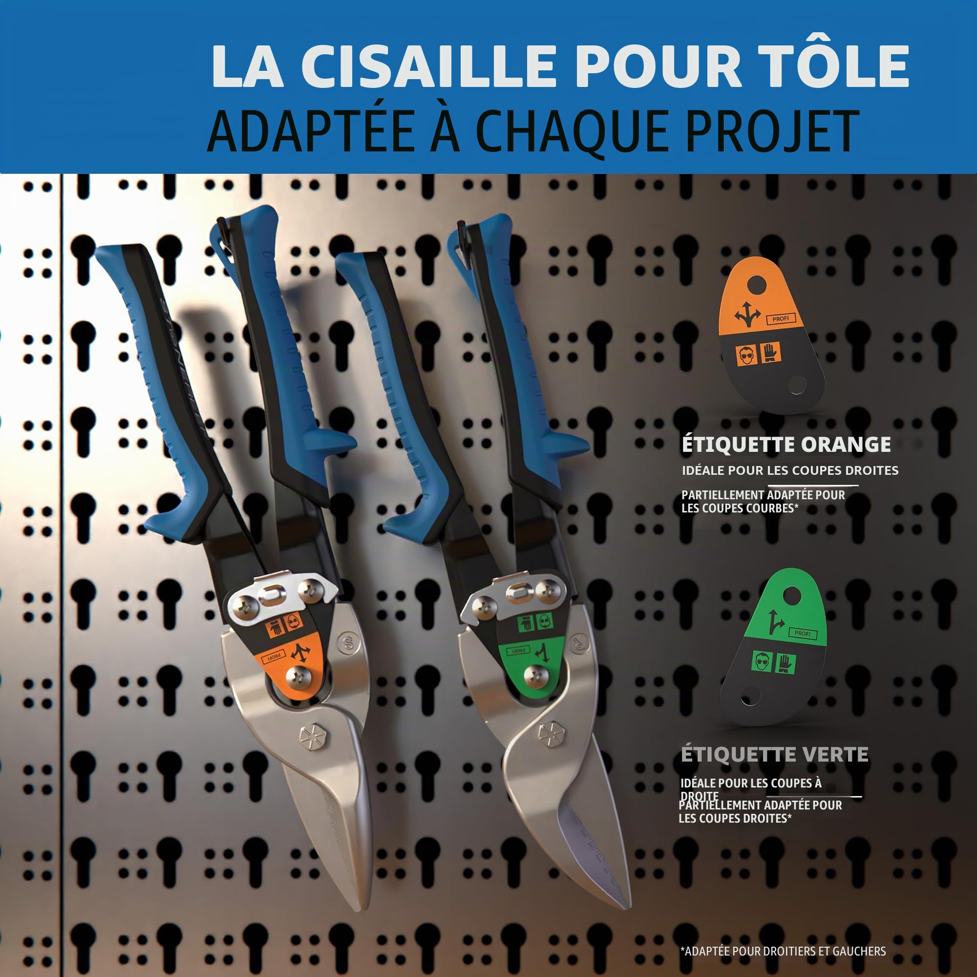 Set de cisailles à tôle avec coupe droite et droite - [échelle millimétrique intégrée] - Cisaille métallique pour cloisons sèches, tôle ondulée, métal, cisaille pour grillages métalliques, cisaille