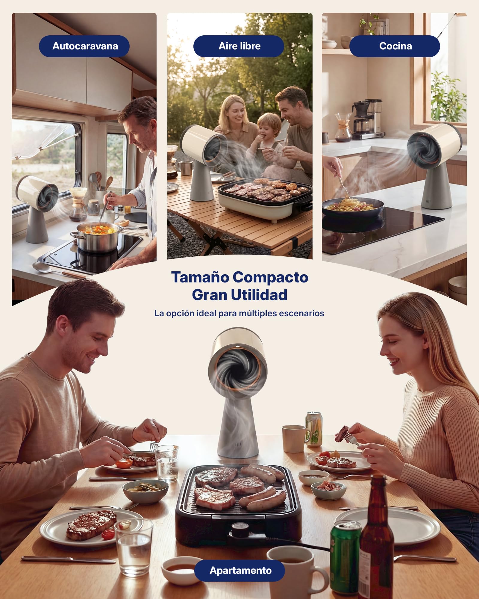 Upstreman Campana Extractora Portátil de Mesa con 3 Velocidades, Bajo Ruido, Recipiente Grande para Aceite y Filtro de Carbón de Aluminio Extraíble, Beige