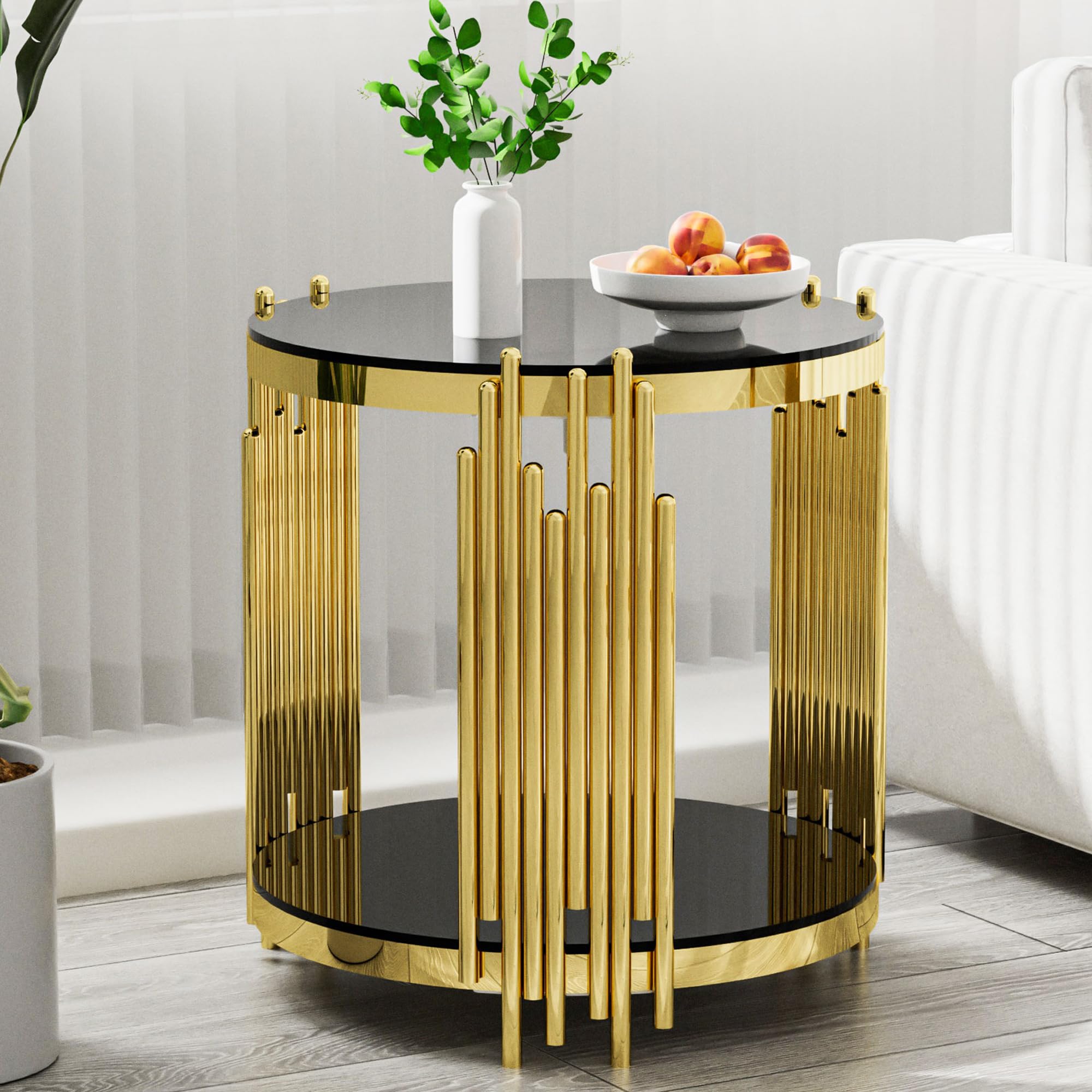 Sybrioka Luxury Gold Round Glass End Table, 19.7" Modern Side Table with Stainless Steel Irregular Leg Black Tempered Glass Tabletop, Accent Furniture
