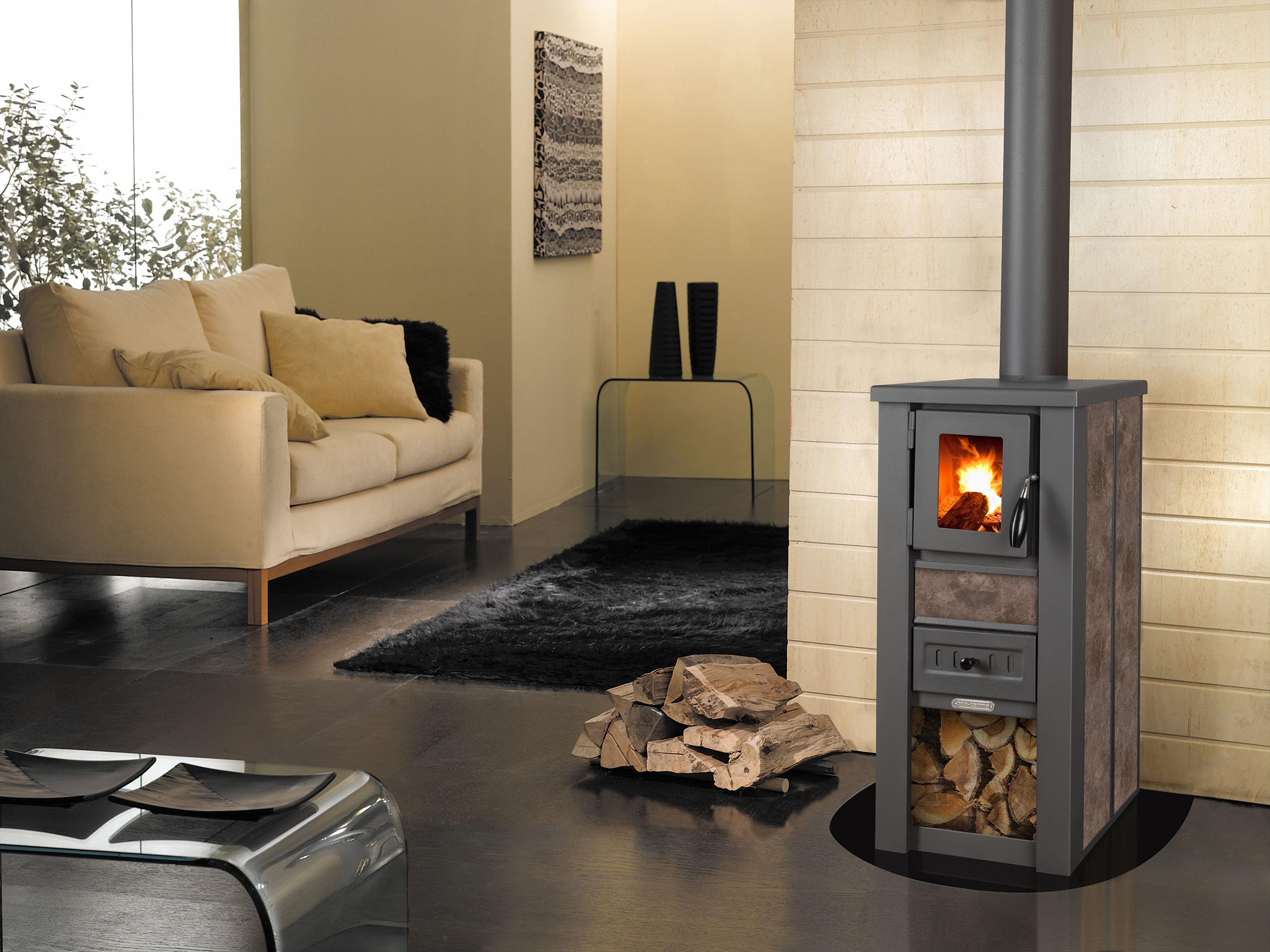 ProTermo Kaminofen Lava Ceramic Mokka - 6,5 kW Heizleistung - 35x44x78 cm Holzofen mit Schamottsteinen mit Sichtfenster Holz Kamin - Bauart 2