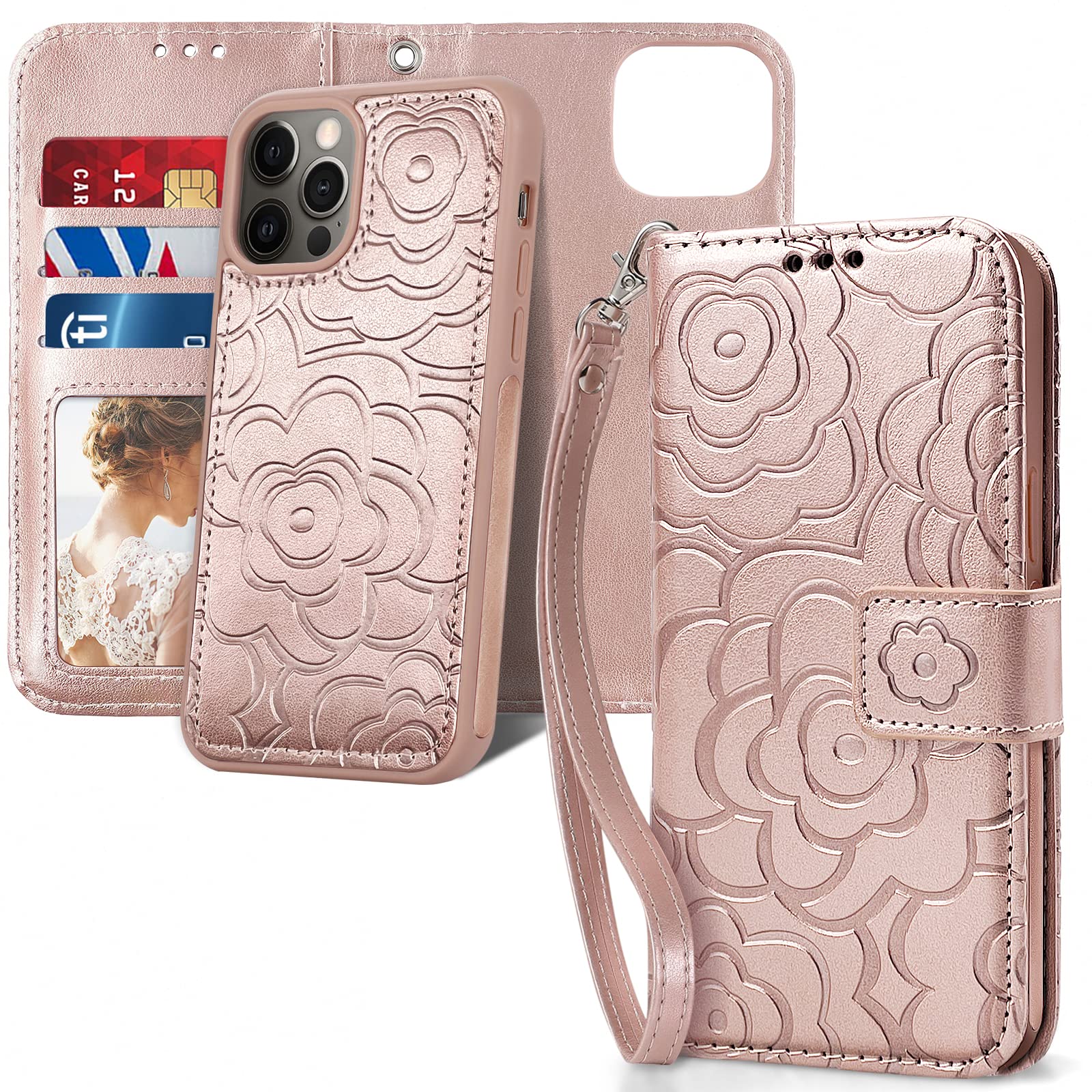 CASEOWL Magnetic Case for iPhone 13 Pro Max Wallet Case- Detachable Wallet Case for iPhone 13 Pro Max 5G - Folio Flip Leather Case Wallet with RFID Card Holder Strap for Women - Camellia Rose Pink