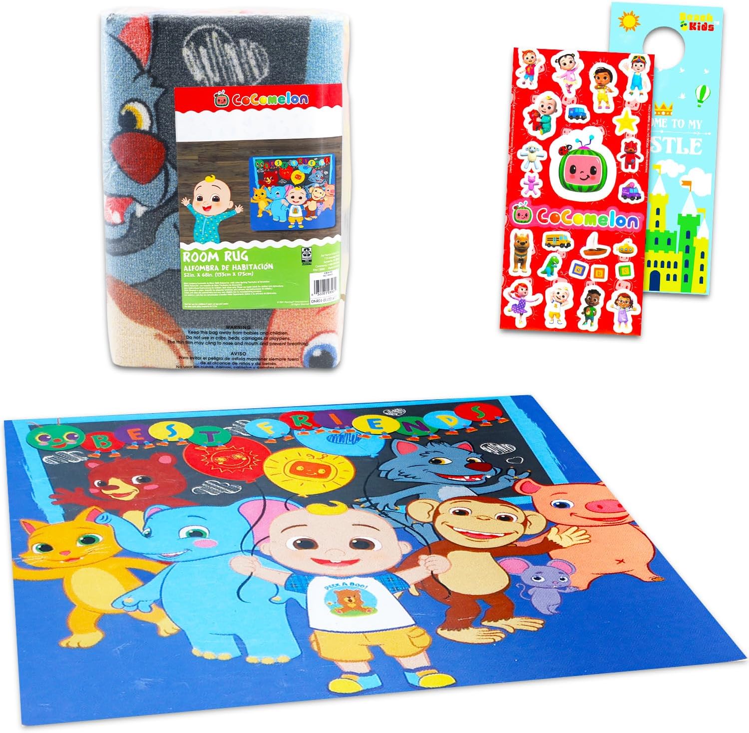 Cocomelon Rug for Kids Room Set - Bundle with 48x72in Area Carpet for Bedroom, Room Decor, Plus Stickers and More | Cocomelon Rug for Bedroom