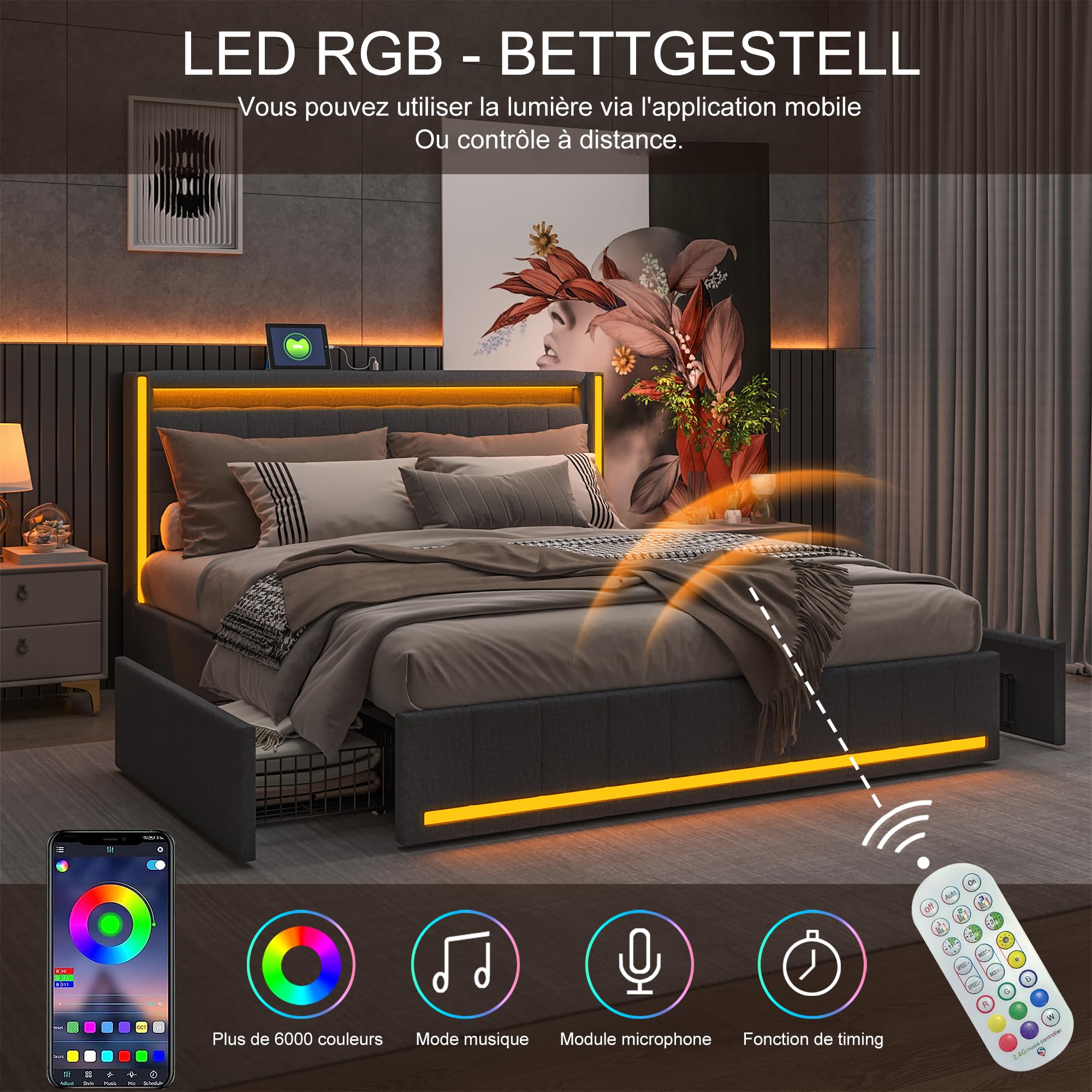 Podwójne łóżko 140 x 190 cm, łóżko tapicerowane z 4 szufladami do przechowywania, pikowana rama łóżka z oświetleniem LED i portami USB, lniany zagłówek, łóżko 2-osobowe, drewniany stelaż listwowy, bez