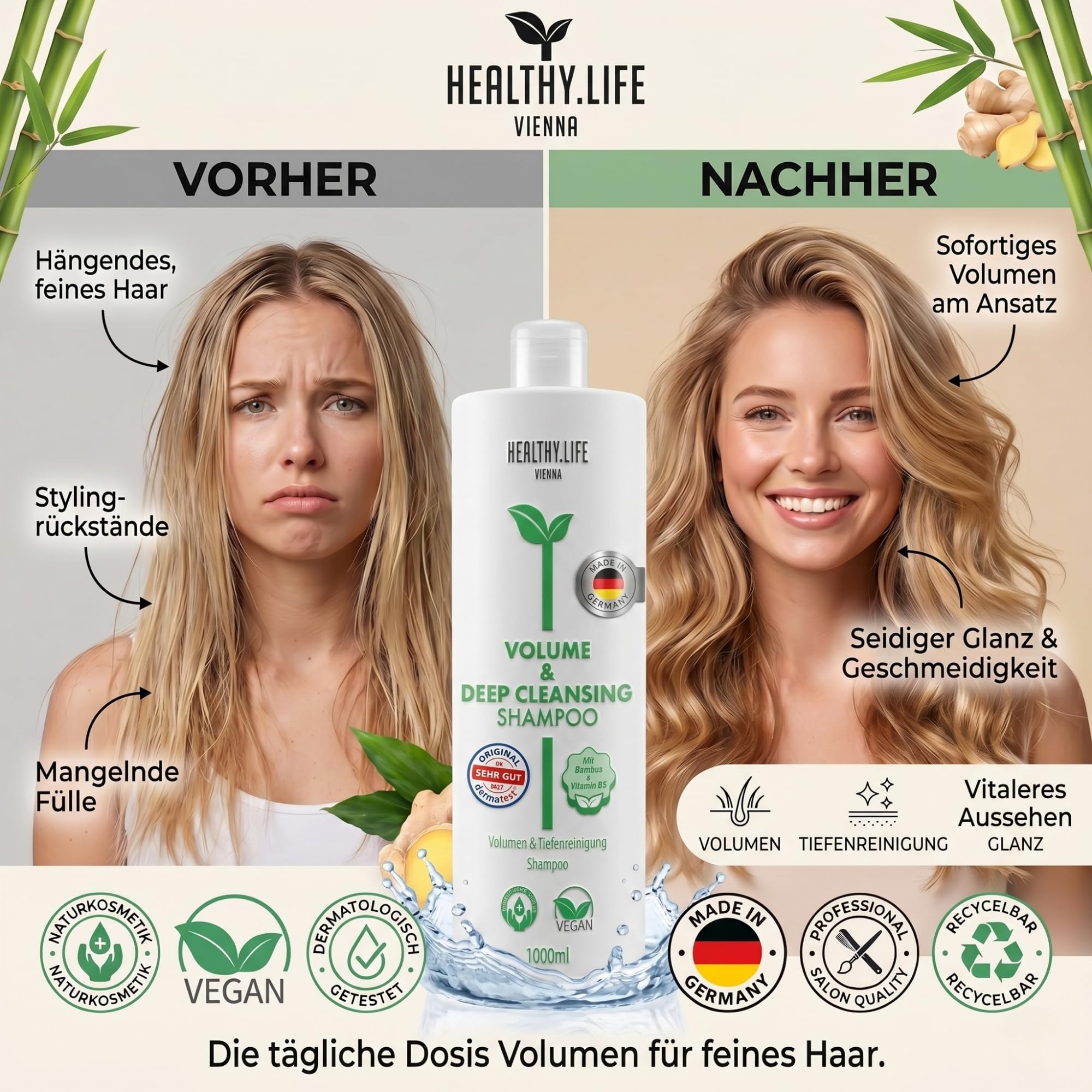 HLV – Volumen & Tiefenreinigung Haar Shampoo mit Vitamin B5 – Ingwer & Bambus Extrakt, VEGAN, Naturkosmetik, Mildes Haarshampoo für Feines Haar, Deep Cleansing, Haarpflege für Damen & Herren (1000ml)