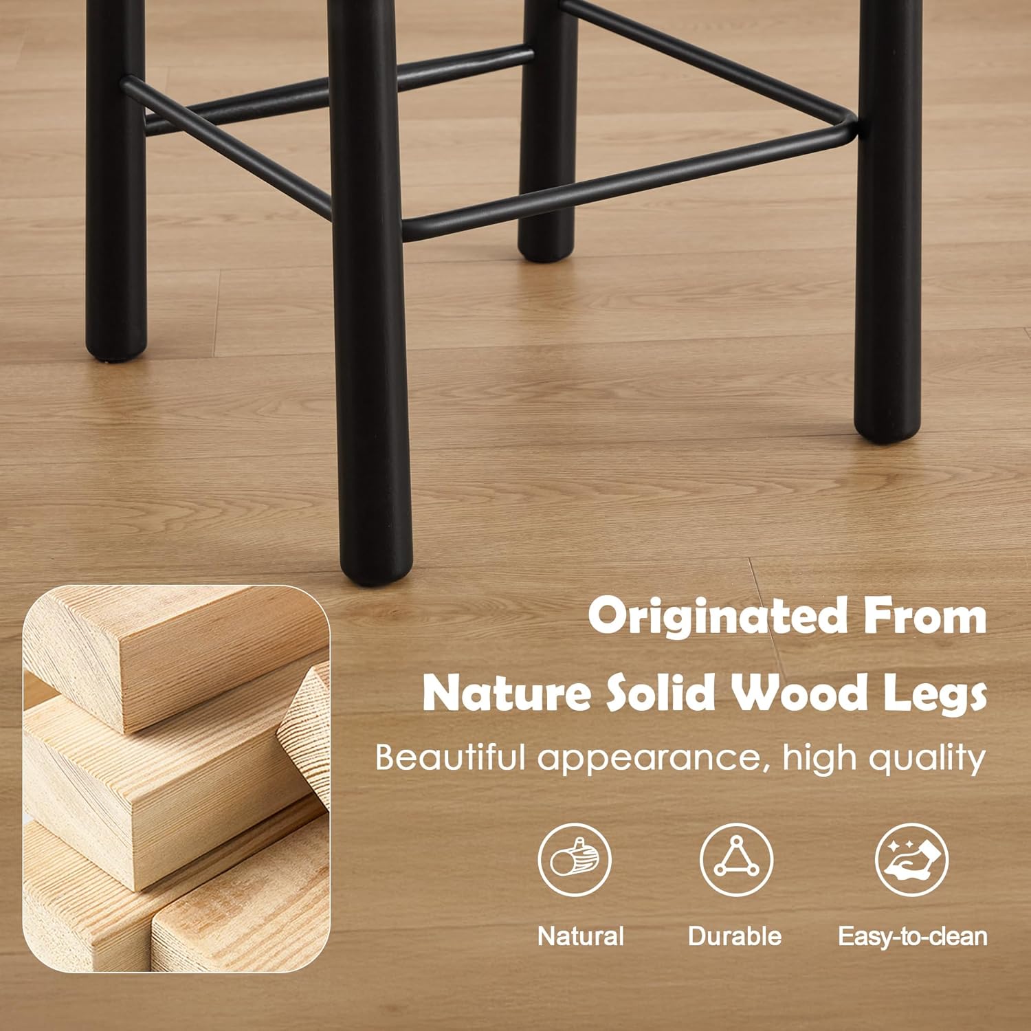Upholstered Wood Counter Height Bar Stools Set of 2, Wood Frame with Black Finish, French Striped Linen Bar Chairs with Thick Cushion and Ergonomic Backrest for Kitchen Island and Home Pub