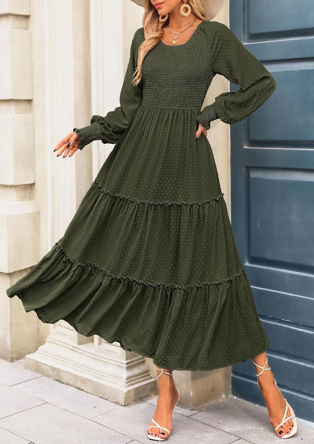PRETTYGARDEN Women's Smocked Maxi Dress 2025 Fall Casual Long Sleeve Swiss Dot Ruffle Long Flowy Wedding Guest Dresses - Image 6