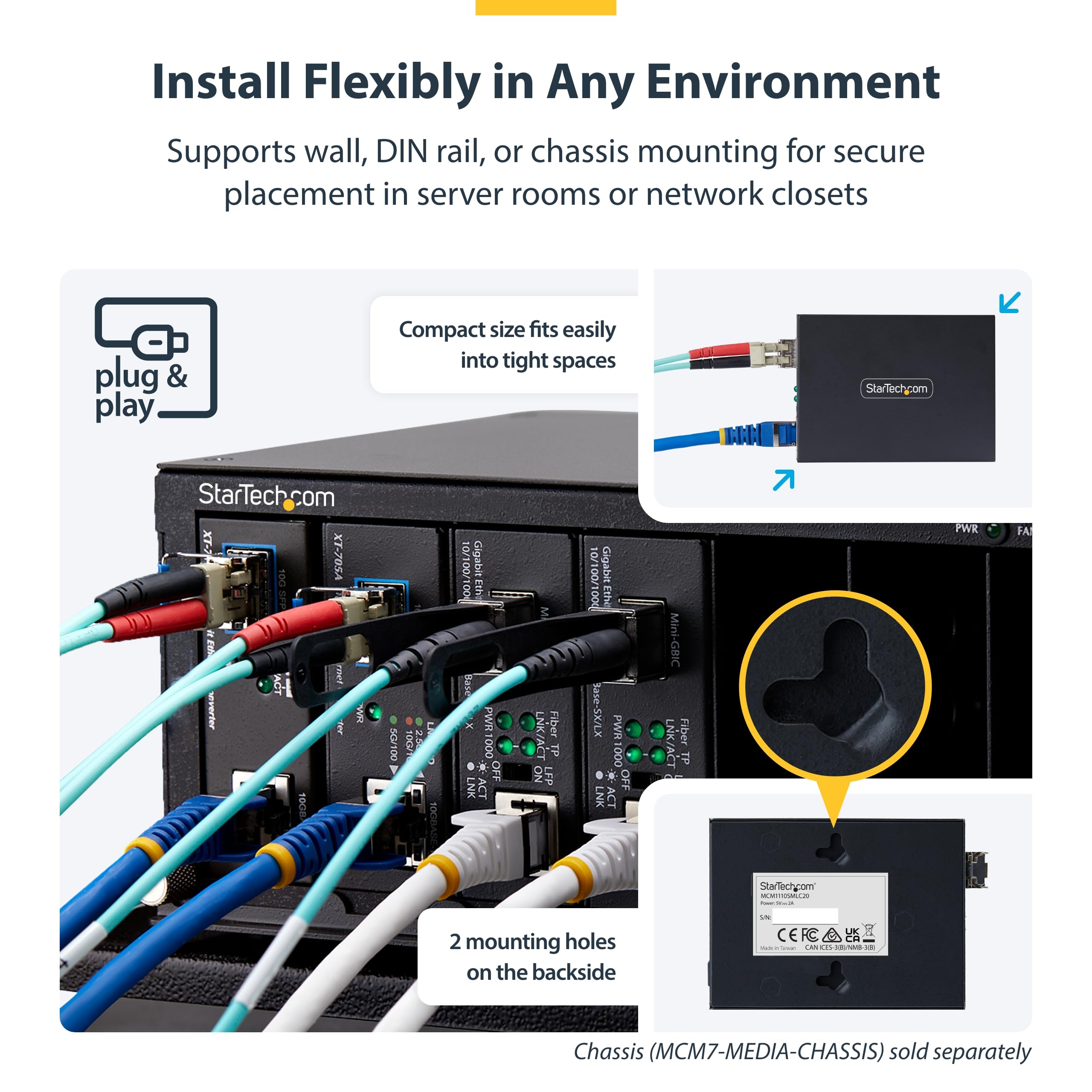 StarTech Convertisseur Média Gigabit Cuivre vers Fibre, Monomode LC, 40km | RJ45 vers LC, 1000BASE-LX, Trames Jumbo 9K, Full/half duplex, LFP, Rail DIN