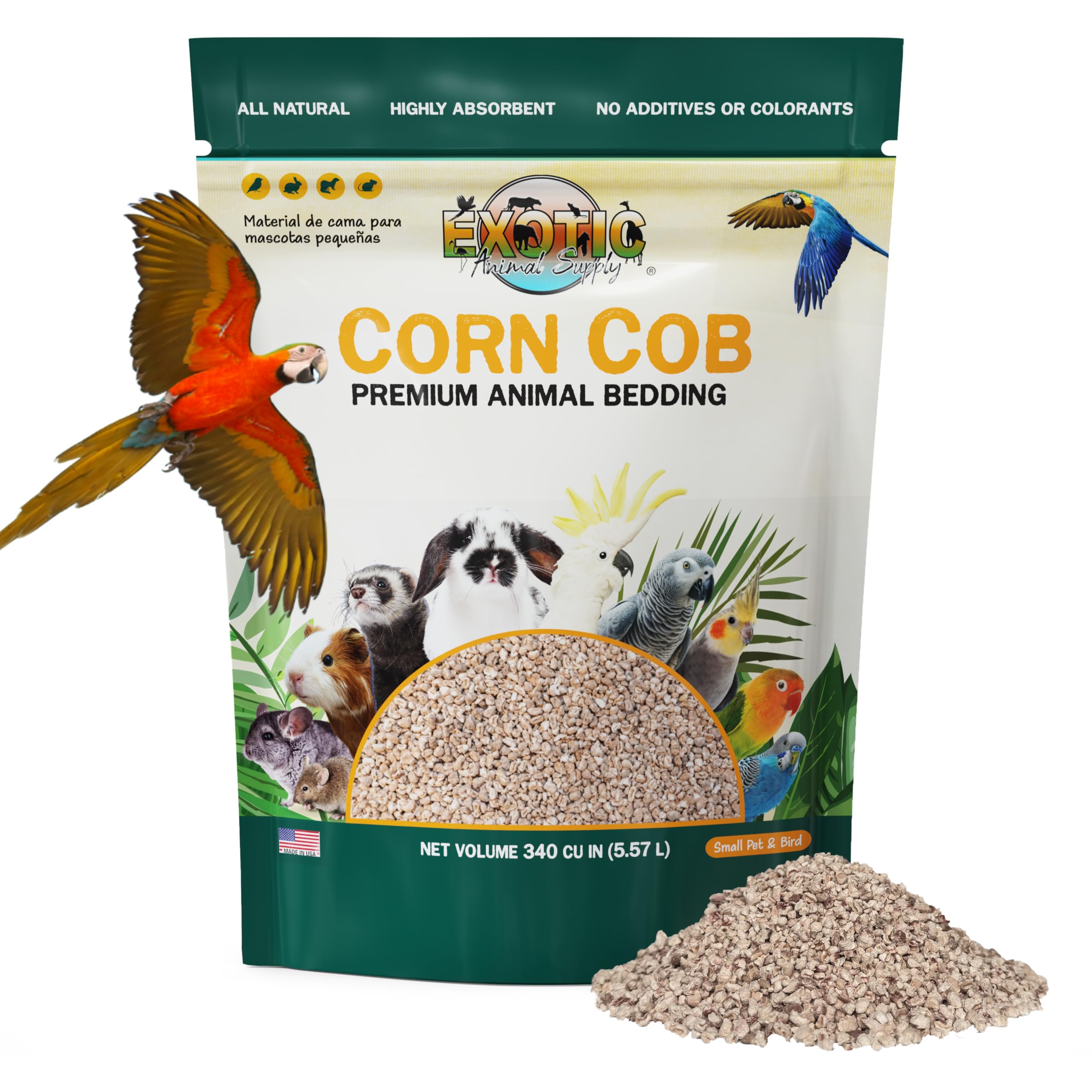 Exotic Animal Supply Natural Corn Cob Bedding, Corn Cob Litter, Dust-Free, Birds and Small Animals ~5lbs (340 CU in)