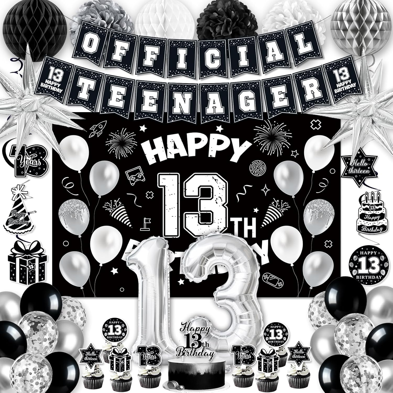 Amazon.com: 13th Birthday Decorations for Boys, 45Pcs Black White