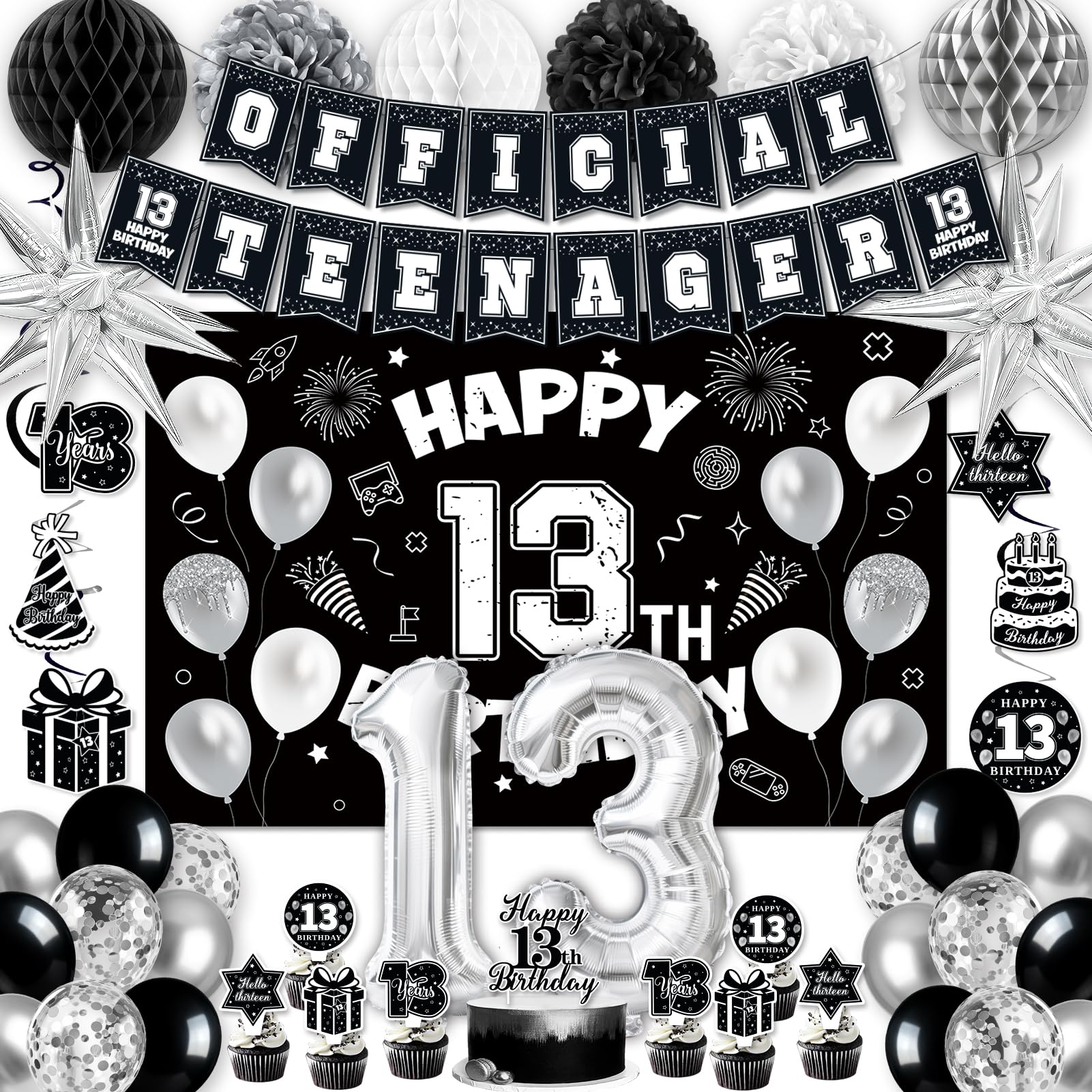 Photo 1 of ** HANGING DECORATION ONLY*
13th Birthday Decorations for Boys, 45Pcs Black White Official Teenager Decorations Include Happy 13th Birthday Backdrop Hanging Swirls 32inch 13 Foil Balloons for Boy Girl Birthday Decor ?