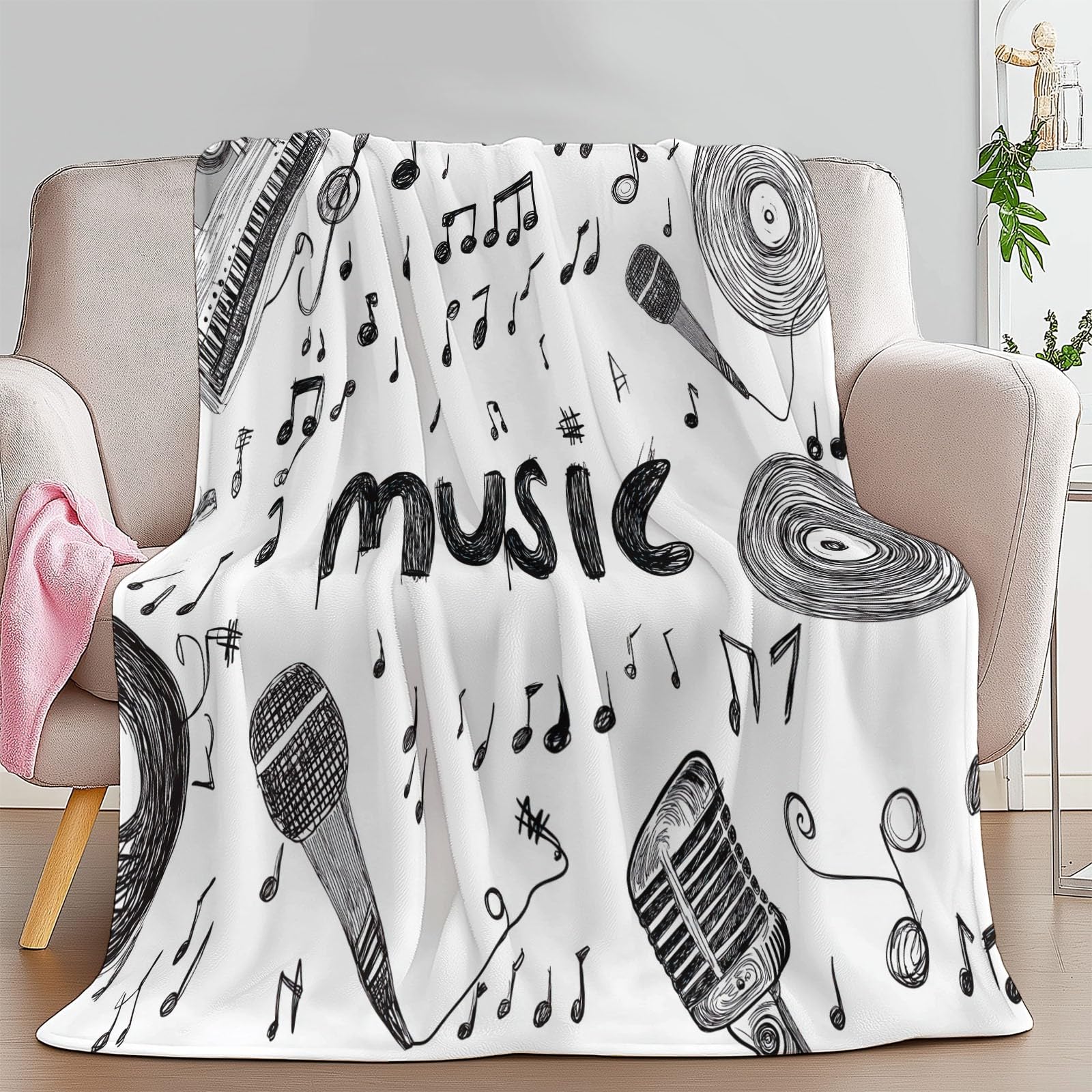 Manta para Sofá Ilustraciones Dibujadas Mano Grafitis Música Notas Musicales 220x240 cm Manta de Franela Extra Suave y Acogedora, Mantas para Cama, Mantas Sherpa Impresión 3D, para Toda Estación