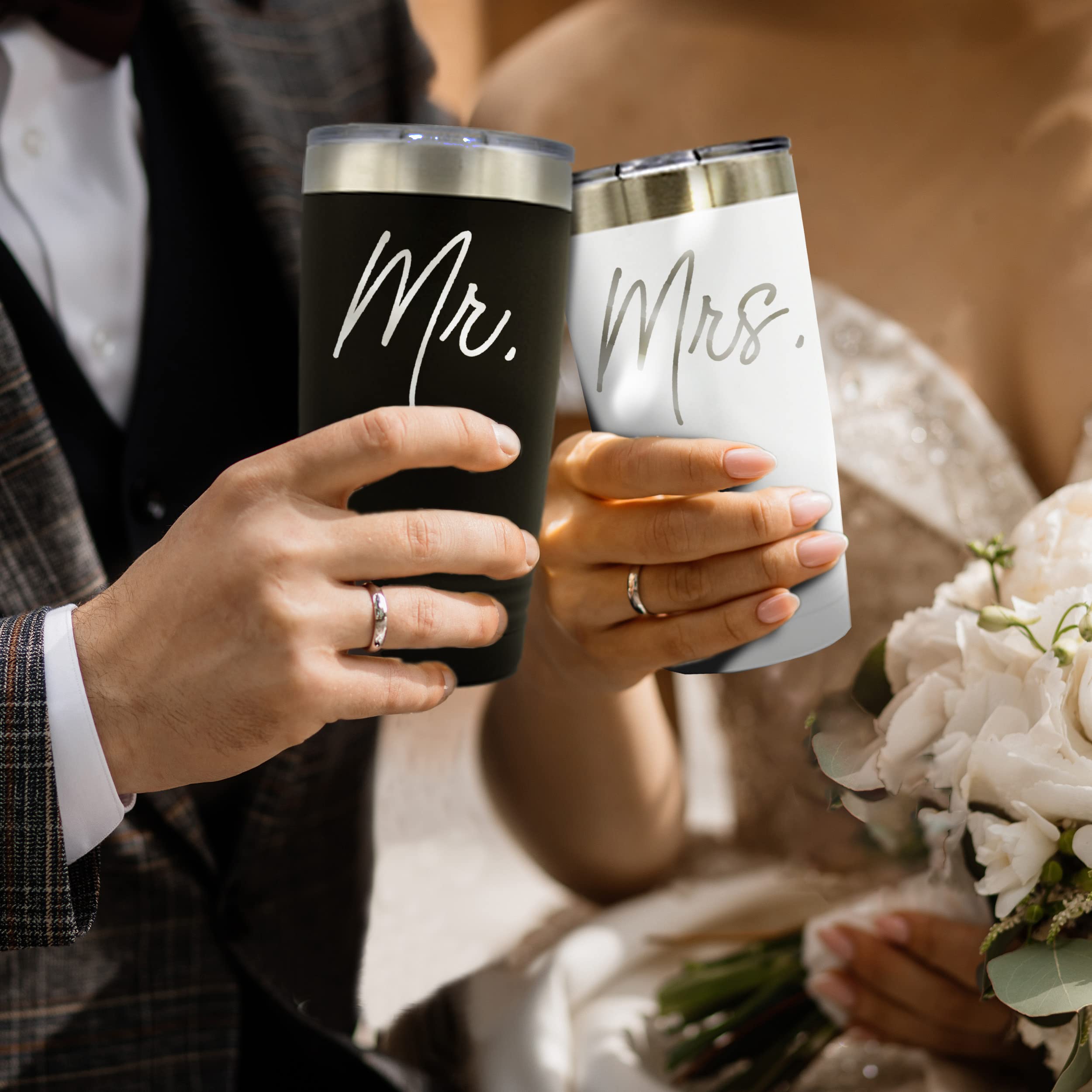 Mr & Mrs Stainless Steel Travel Tumblers - 20 Oz Custom Color Vacuum Insulated Cups Set Of 2 | Personalized Gift