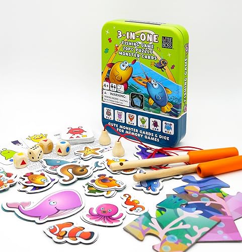 Little Boss Games Juego familiar 3 en 1 juego de pesca, rompecabezas (20 piezas, tablero de juego de 2 caras), tarjetas de memoria (24 cartas) y