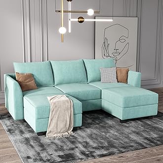 HONBAY Reversible Sectional Sofa with Ottomans & Chaises Modular Sofa U Shaped Couch with Storage Seats, Aqua Blue