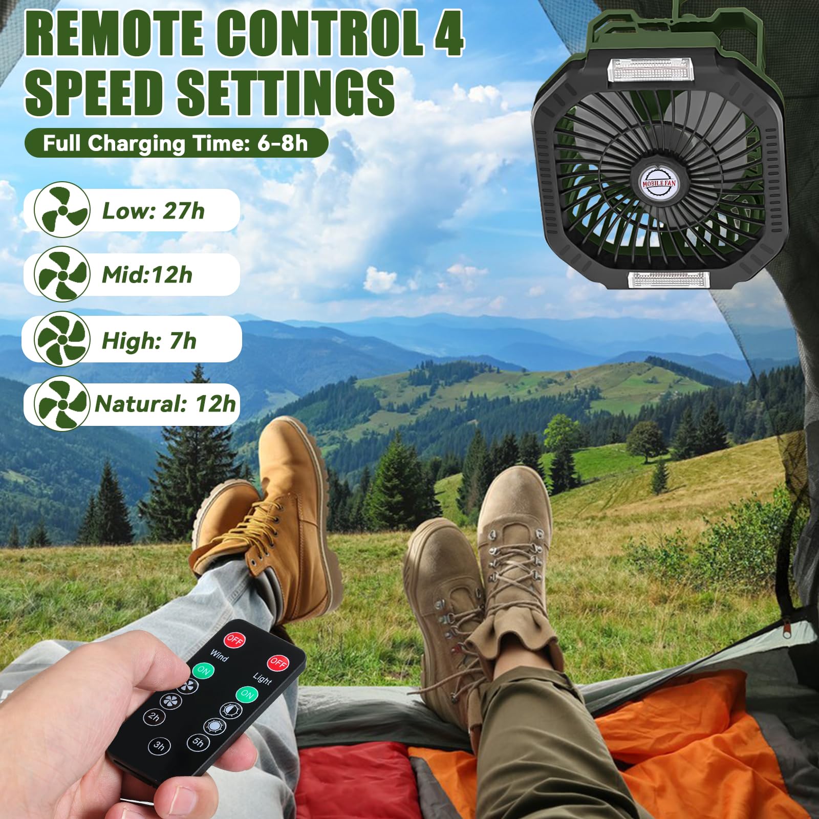 Ventilatore da Campeggio 7800mAh Portatile Ricaricabile con Luce LED 4 Velocità Telecomando