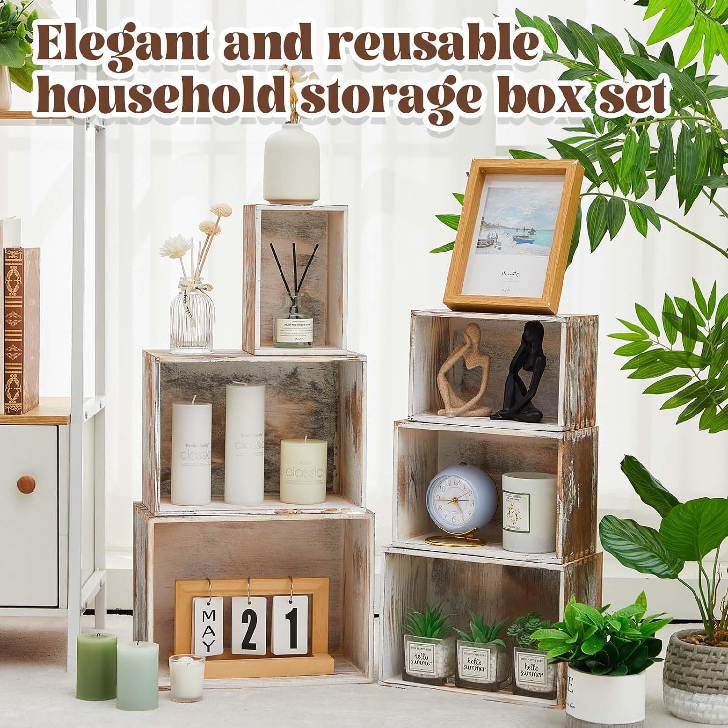 Juexica Set of 6 Farmhouse Wooden Crate Antique Wood Crates for Pantry Decor Organizer Storage Rustic Wooden Crates for Display Decorative Solid Wooden Storage Box for Book Storage Organizing