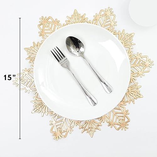 Miniatura 2 de Snowkingdom Juego de 12 manteles individuales de copo de nieve de vinilo metálico laminado dorado redondo de 15 pulgadas de diámetro, decoraciones