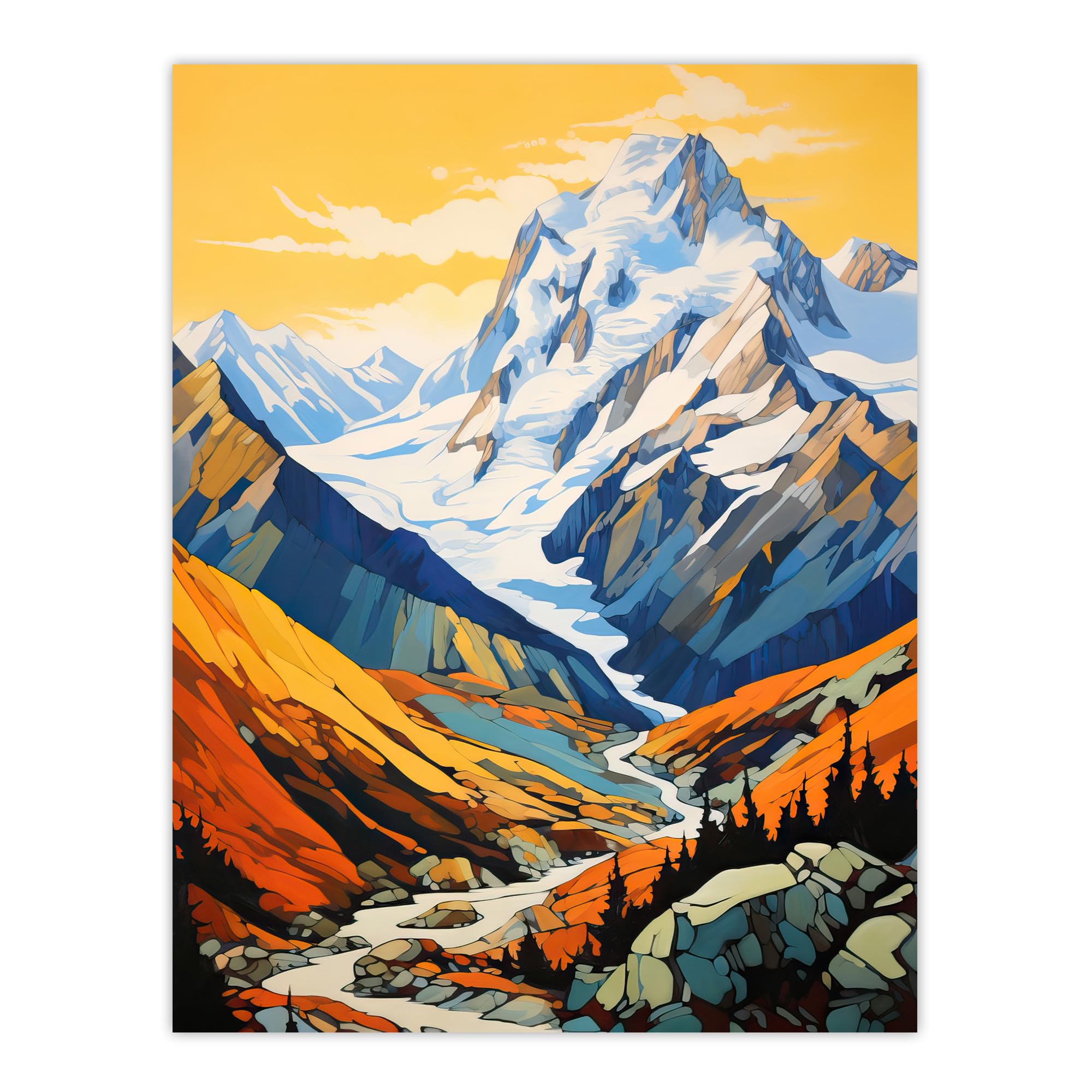 Artery8 Aoraki Mount Cook Artwork Amber Orange Blue National Park New Zealand Snow Peaked Mountain Cloud Piercer Large Wall Art Poster Print Thick Paper 18X24 Inch