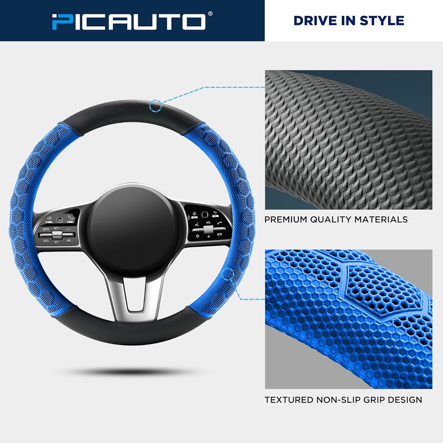 PIC AUTO Massage Steering Wheel Cover, Blue Football Pattern Material Spliced Leather Car Steering Wheel Protector, Car Interior Accessories, Universal Fit 14.5"-15.5" for Cars, Trucks, Van, SUV - Image 4