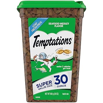 TEMPTATIONS Classic Treats for Cats Seafood Medley Flavor 30 Ounce Tub; with Our Mouthwatering Menu We Have a Flavor for Every Feline