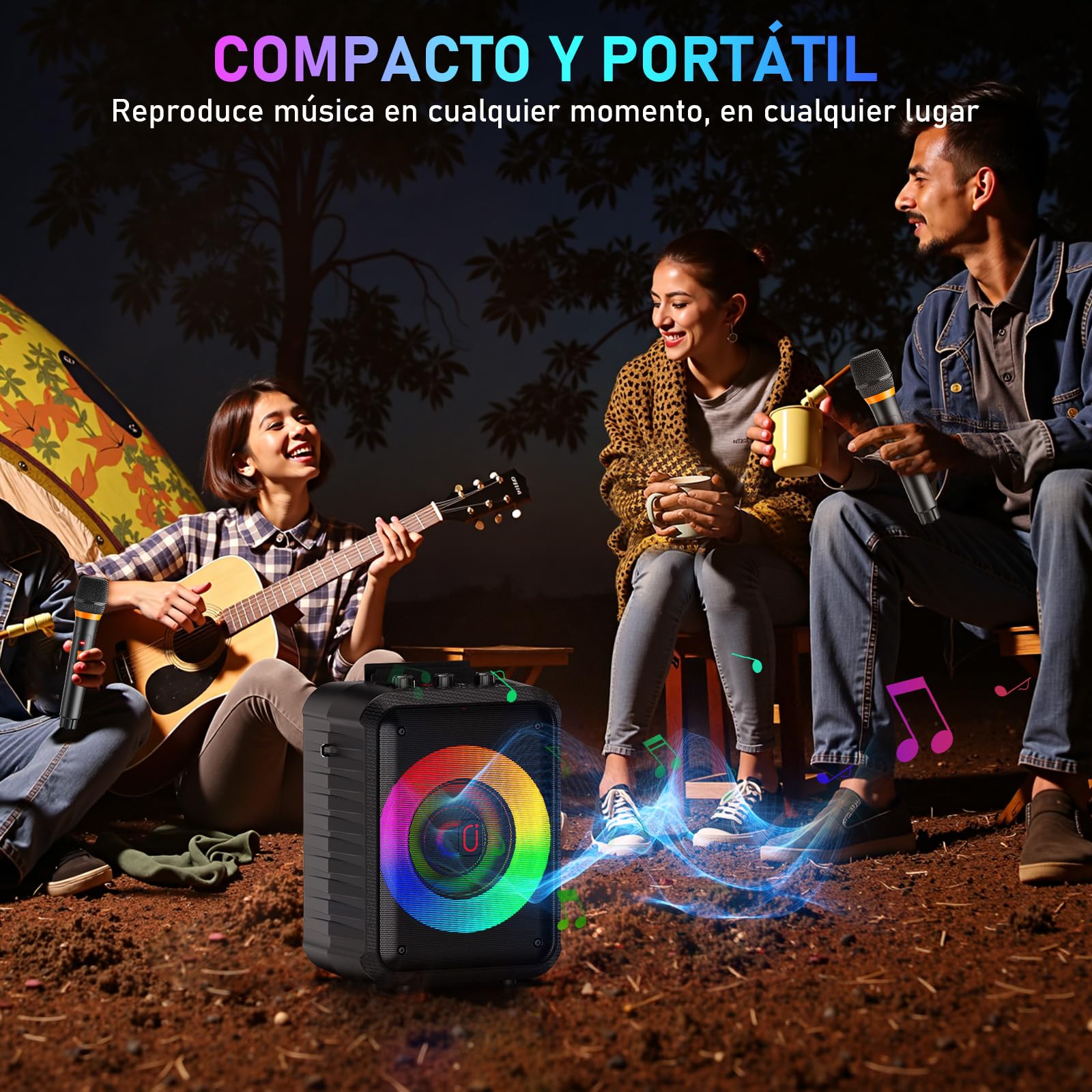 HWWR Máquina de karaoke, Dispositivo de karaoke con 2 micrófonos, Dispositivo de karaoke Bluetooth portátil con luces DJ, sistema Pa, ideal para reuniones familiares y como regalo para adultos y niños