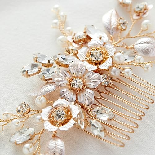 Miniatura 14 de SWEETV Peine de pelo hecho a mano para boda, clip de diamantes de imitación, pieza de peine de pelo para novias, accesorios para el cabello de novia