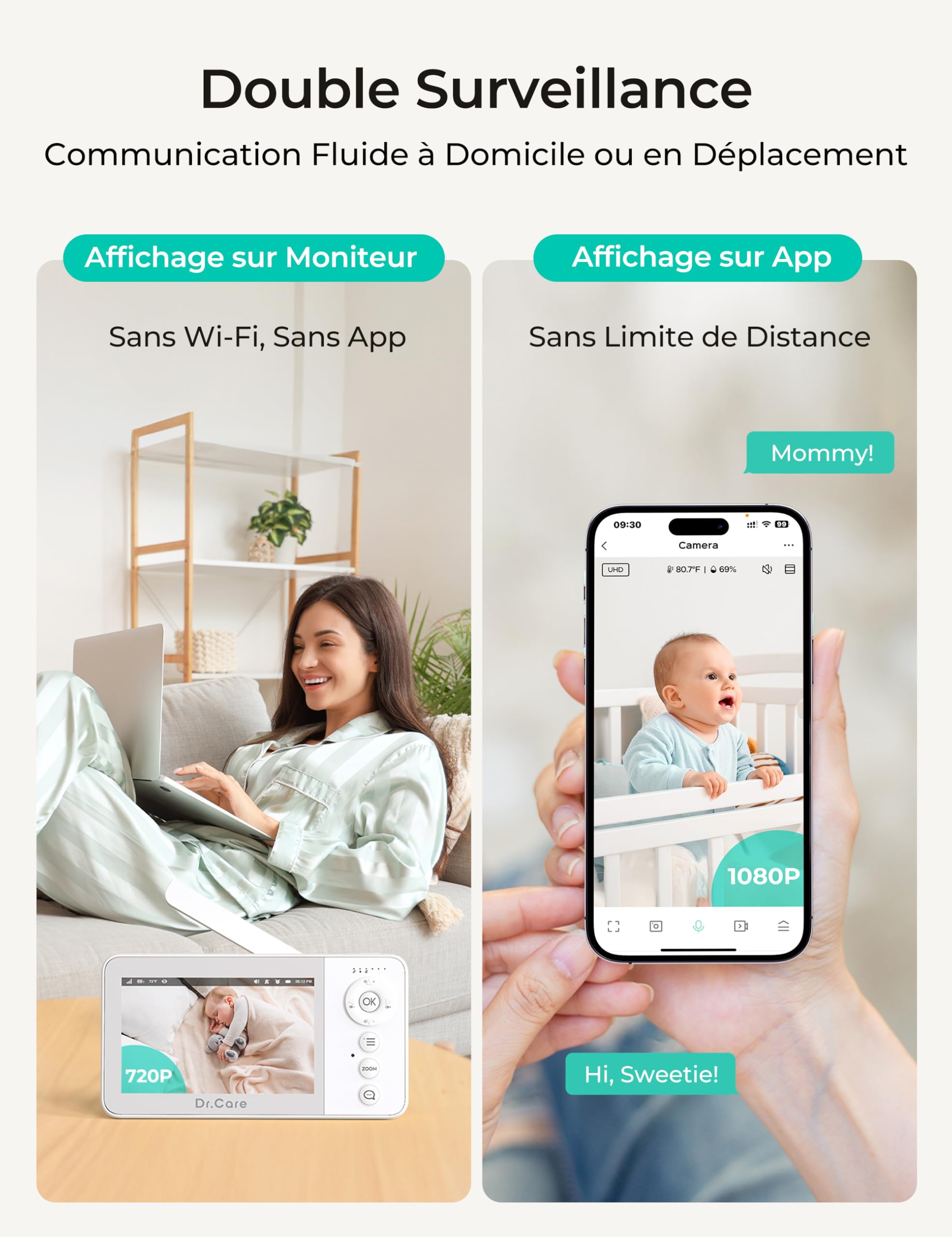 Dr.Care Babyphone Camera et APP, 1080P Camera Bebe, 4" 720P Écran Divisé, Alertes de Mouvement, Vision Nocturne HD, Parler à Deux, Multi-utilisateur, Triple Sécurité, VistaView Lite RB Smart WLAN