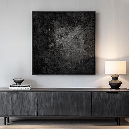 Framed Black Abstract Wall Art, Modern Canvas Prints Paintings Artwork for Walls, Square Minimalist All Black Pictures for Living Room, Hallway, Fireplace, Bedroom, Office, Bathroom Wall Decor