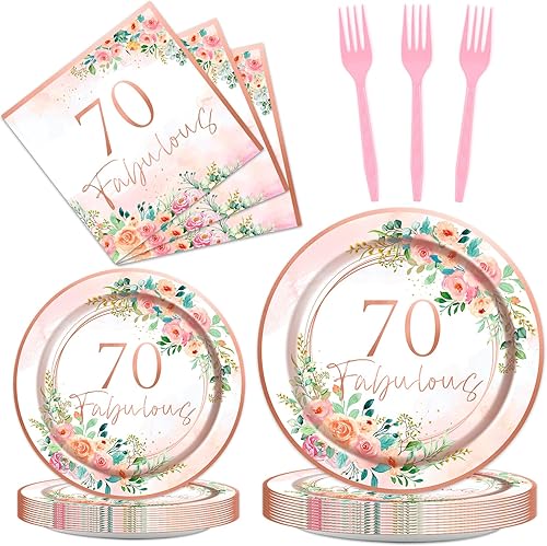 96 platos florales de fiesta de 70 fabulosos platos de fiesta de cumpleaños 70 platos de fiesta de oro rosa, vajilla y servilletas de cumpleaños de
