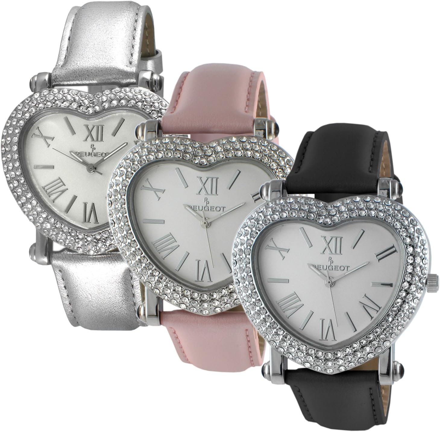 Peugeot Womens Heart Shaped Wrist Watch with Crystal Studded Case & Leather Strap - Image 4