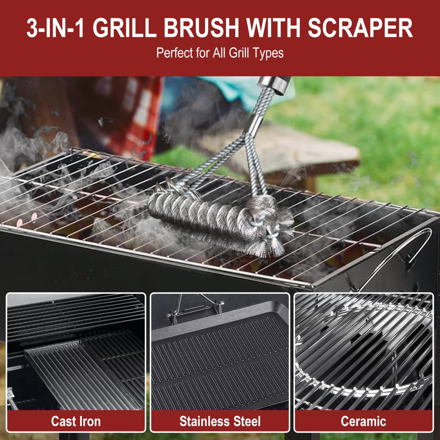 Brosse de Nettoyage pour Barbecue en Acier Inoxydable 45.5cm avec Grattoir Intégré Nettoyage 360°