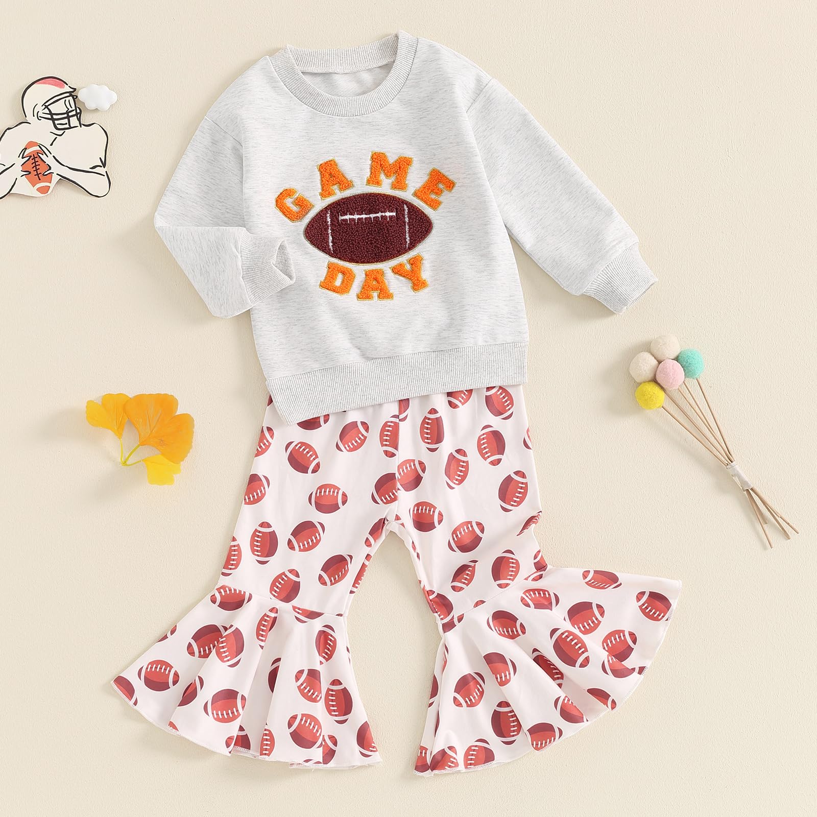 Dewadbow Toddler Baby Girl Football Outfits Game Day Embroidery Sweatshirt Top Football Bell Bottom Pants Cute Fall Clothes (Light Gray, 2-3 Years)