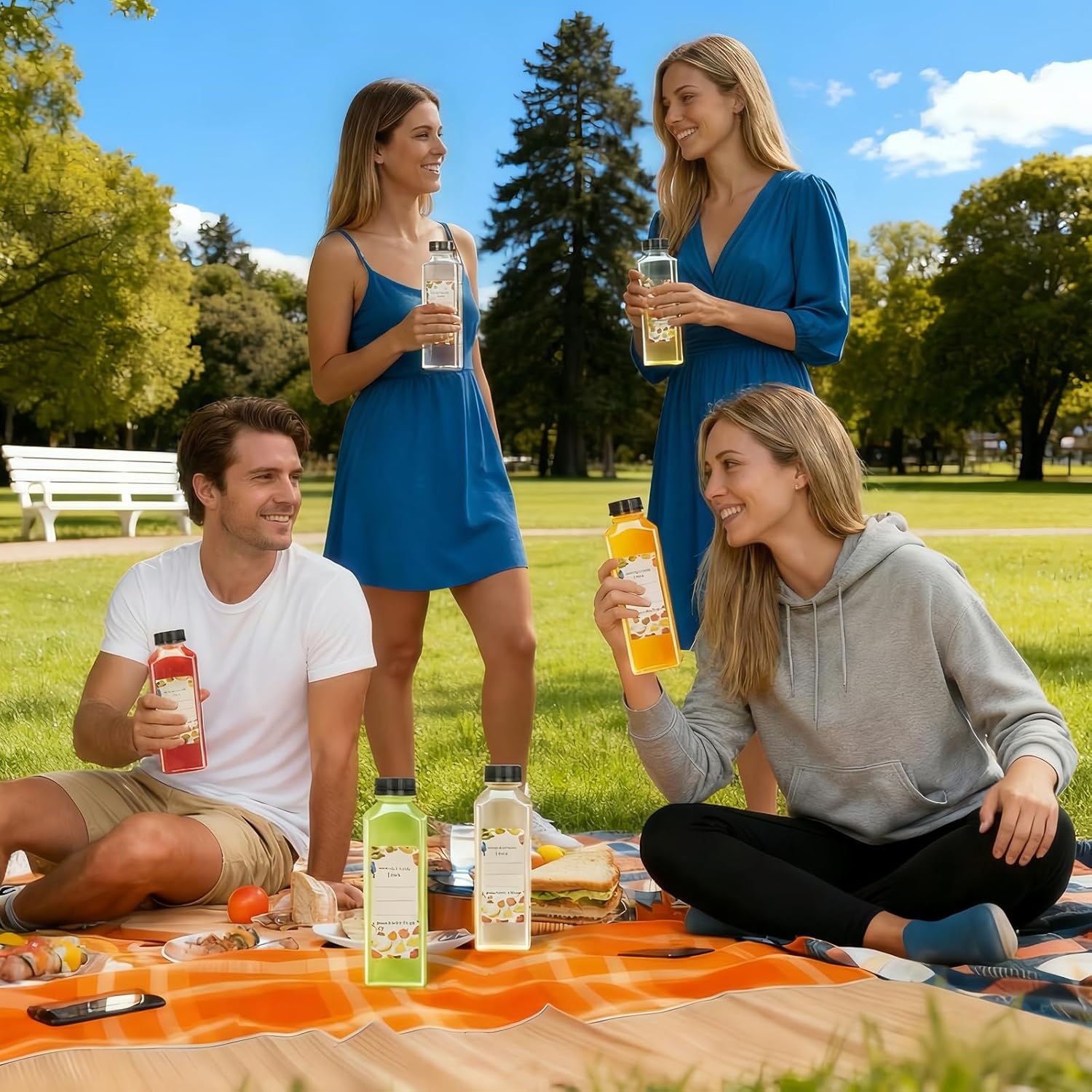 Bulk Sell 16 oz Plastic Juice Bottles 128 Pack Empty Plastic Water Bottles with Caps, 500 ml Reusable Beverage Containers for Drinking, Juicing, Smoothie, Water (2 Brushes, 2 Funnels, 128 Stickers)