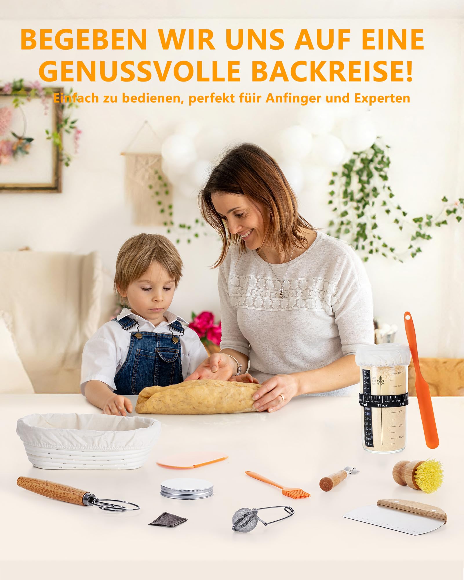 JOJOSEE Gärkörbchen, Brotgärkorb-Set Für Sauerteig Starter Set, Gärkorb natürlichem Rattan, Sauerteig-Gärkorb (inkl. Teigschaber, Rostmesser, Gärtuch & mehr) - Komplett Ausrüstung für Anfänger Profis