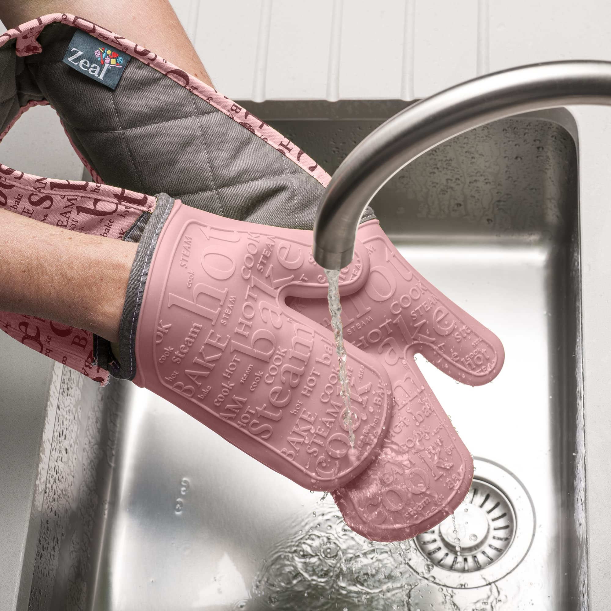 Zeal Doppelte Ofenhandschuhe aus Silikon, hitze-, dampf- und wasserbeständige Handschuhe mit gestepptem Stoff innen, Rutschfester Griff, perfekt zum Kochen und Backen, maschinenwaschbar, Rose Pink