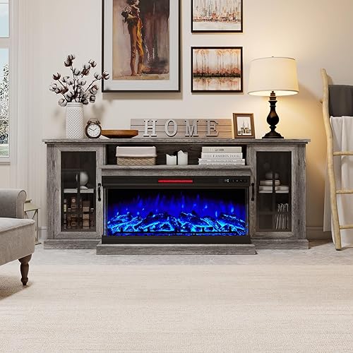 Miniatura 29 de Soporte de TV con chimenea eléctrica de vidrio de 3 lados, centro de entretenimiento multimedia de 59 pulgadas con gabinete de almacenamiento de