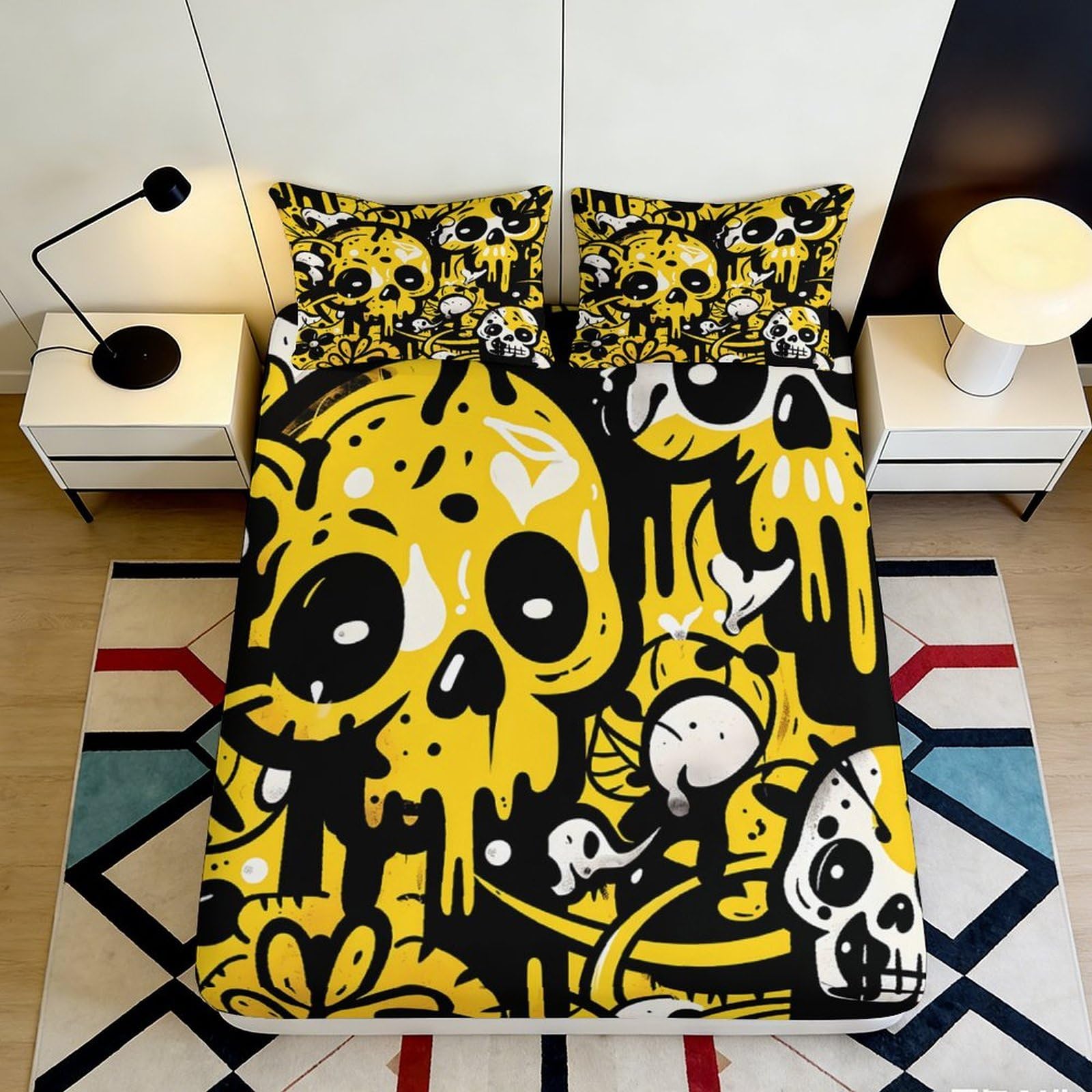 3D Printed Graffiti Skull Fitted Sheet Microfiber Deep Pocket Bedroom Bedding Set Graffiti Skull Mattress Fitted Cover For Adults Teens 200x200x25cm 90x200x25cm