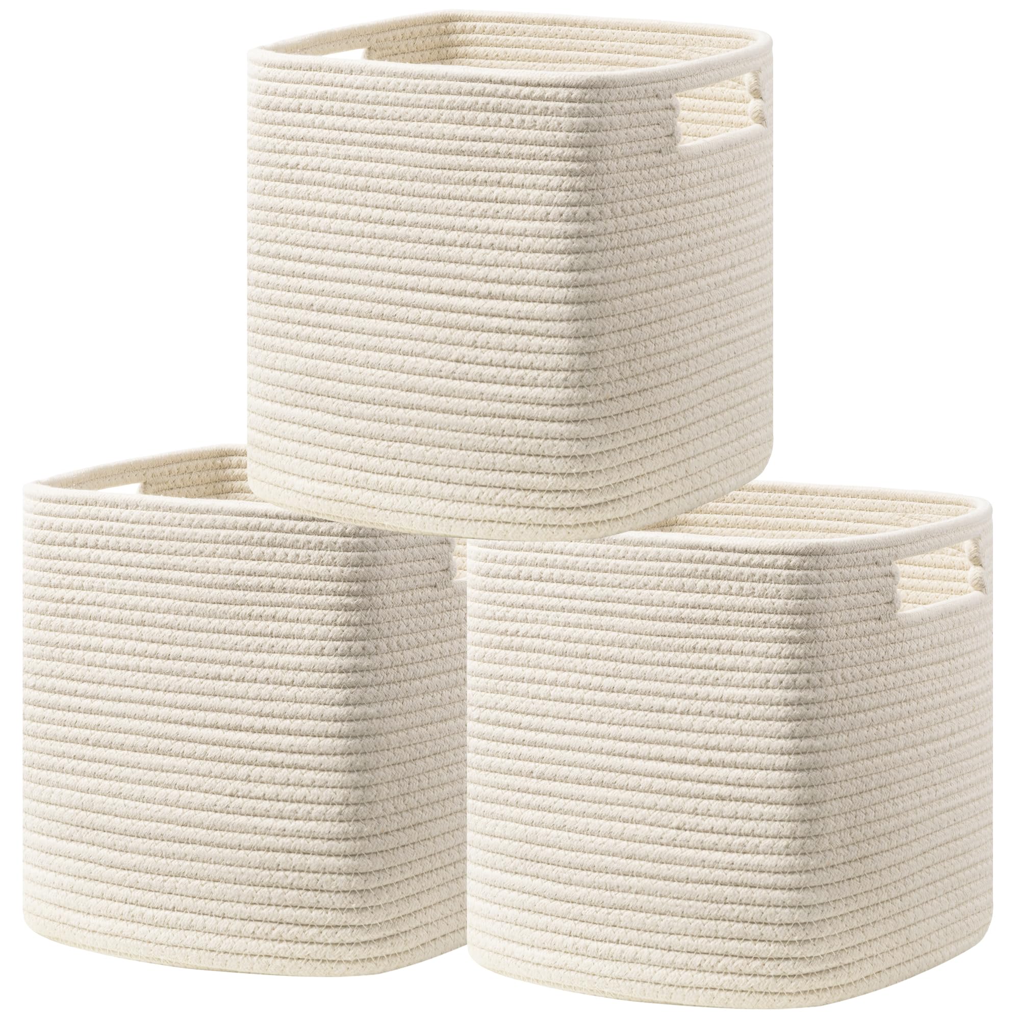 UBBCARE Set of 3 Cotton Rope Basket 11 X 10.5 X 10.5 Inches, Woven Storage Baskets for Shelves, Organizing with Handles, Cube Storage Bins for Storage Books, Magazines, Beige