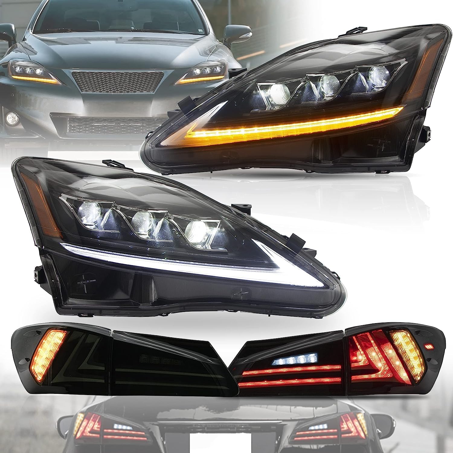 VLAND Headlights and Tail Lights Fit for IS250 IS350 IS 220d 2006-2012(Rear lights not for IS250C 350C /Convertible), Full LED Amber Headlamp with Red Tail Lamp